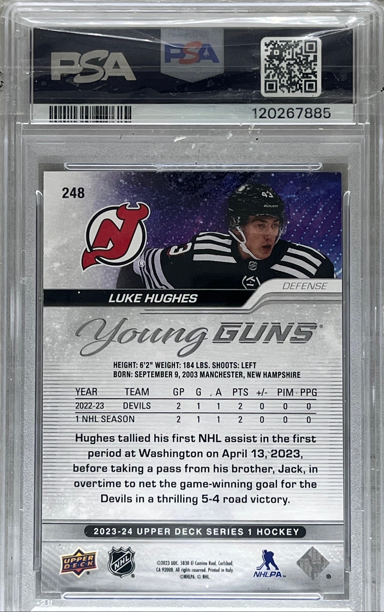 2023-24 Upper Deck Luke Hughes Young Guns #248 PSA 10
