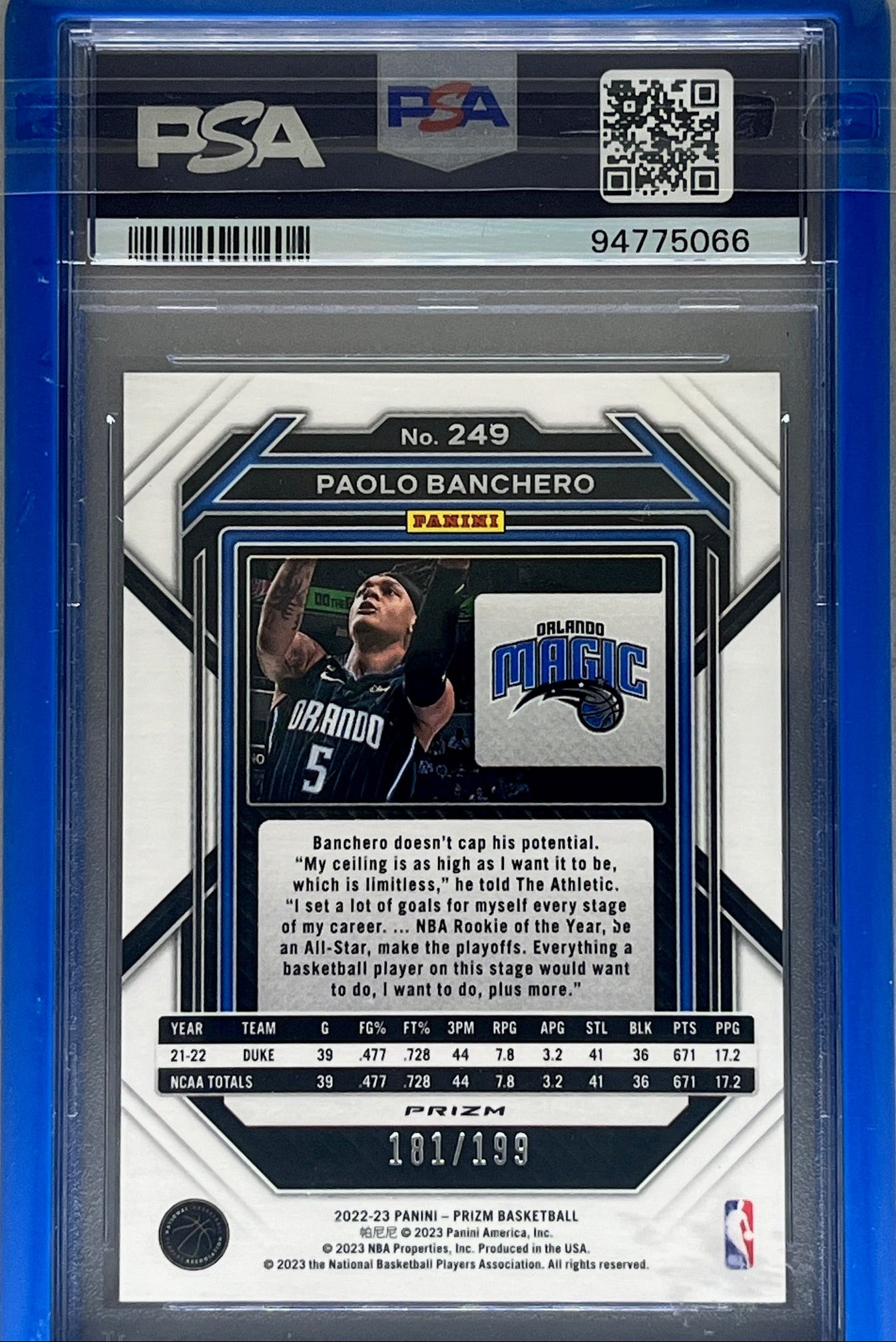 2022 Panini Prizm Paolo Banchero #249 True Blue Prizm /199 (RC) PSA 9