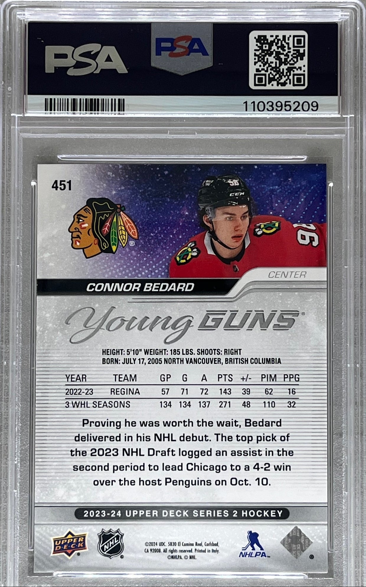 2023-24 Upper Deck Connor Bedard Rookie Young Guns RC #451 PSA 10