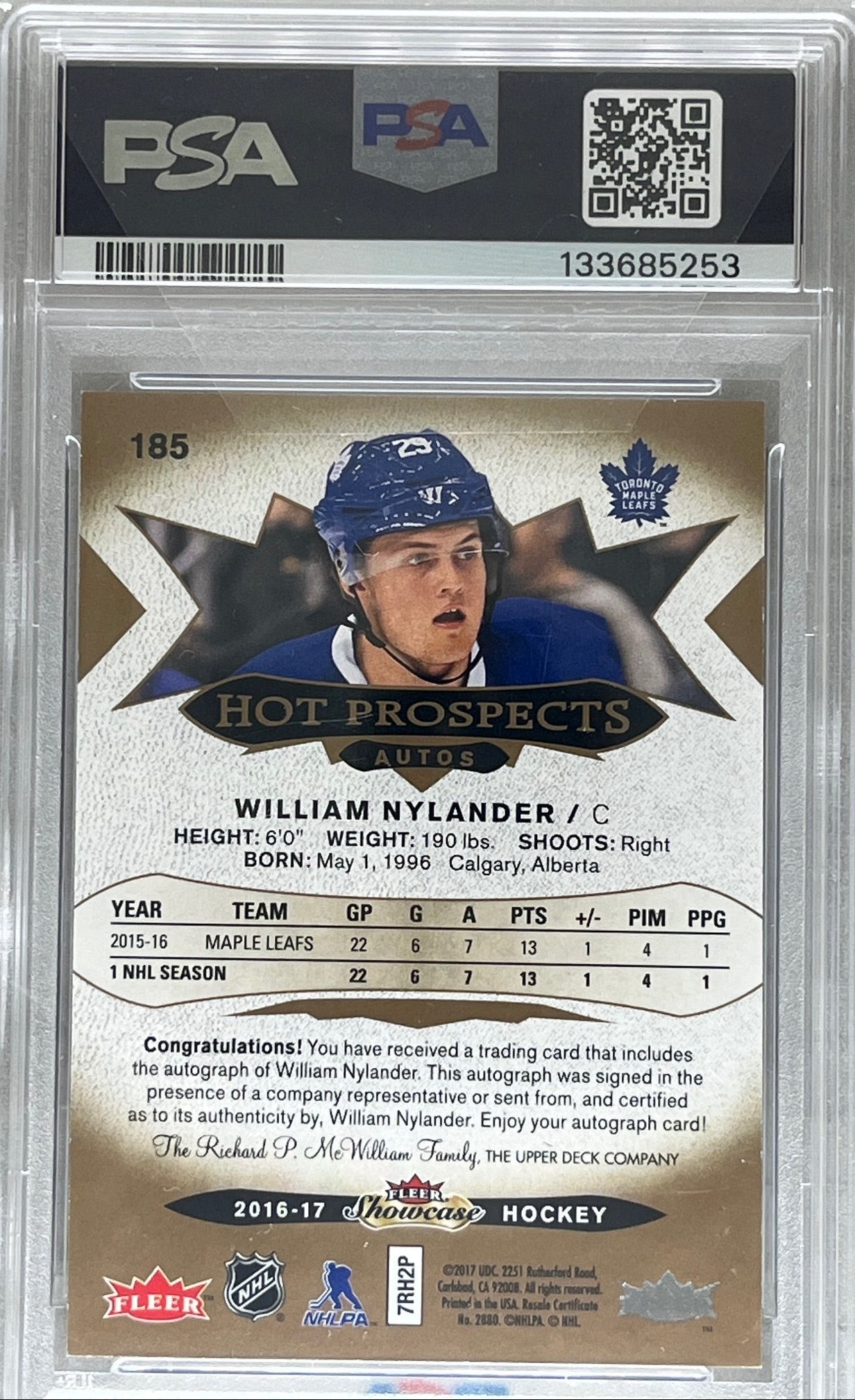 2016-17 William Nylander Fleer Showcase #185 Hot Prospects Rookie RC Auto /299 PSA 9