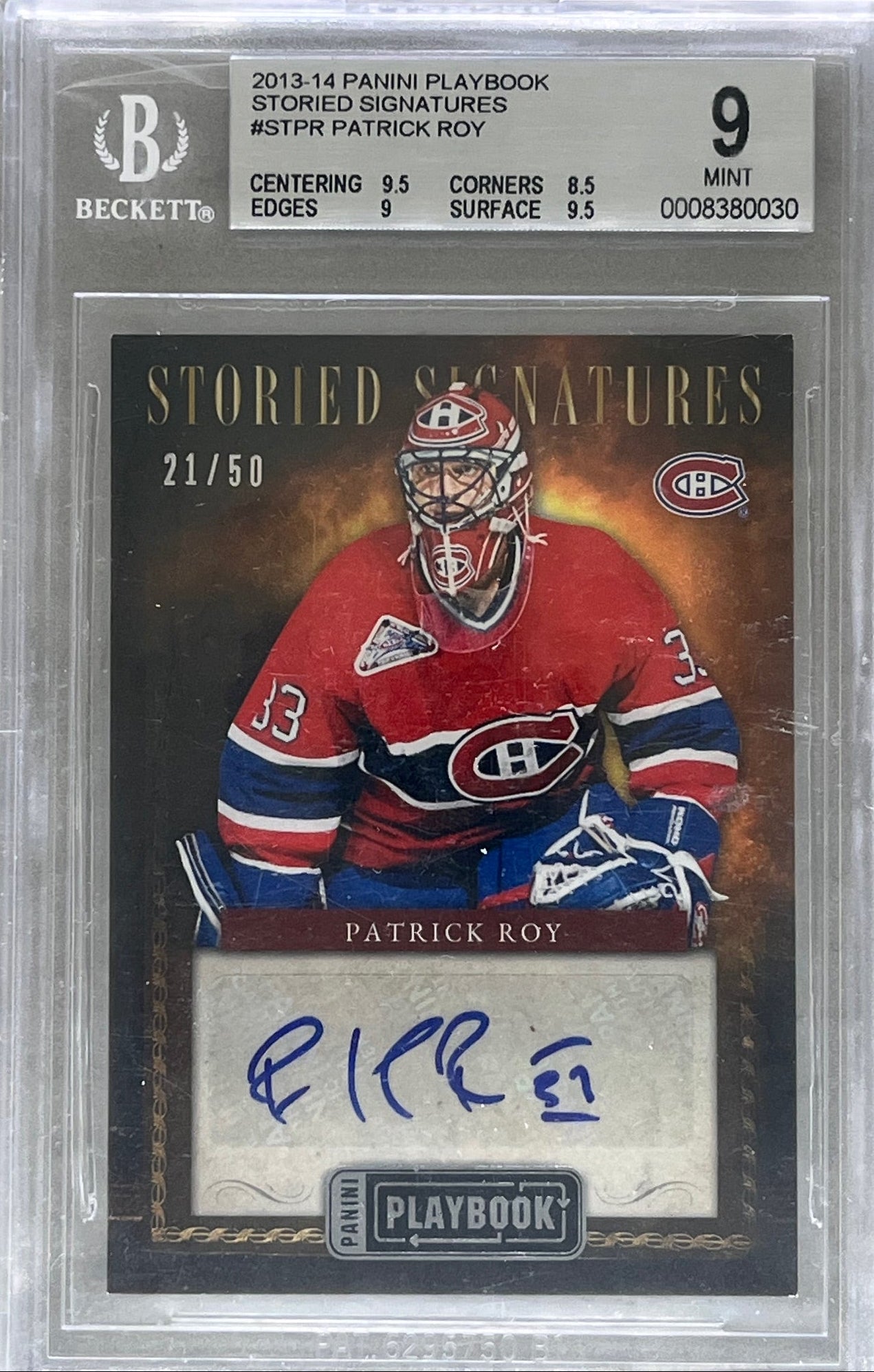 2013-14 Panini Playbook Storied Signatures Patrick Roy Auto /50 BGS 9