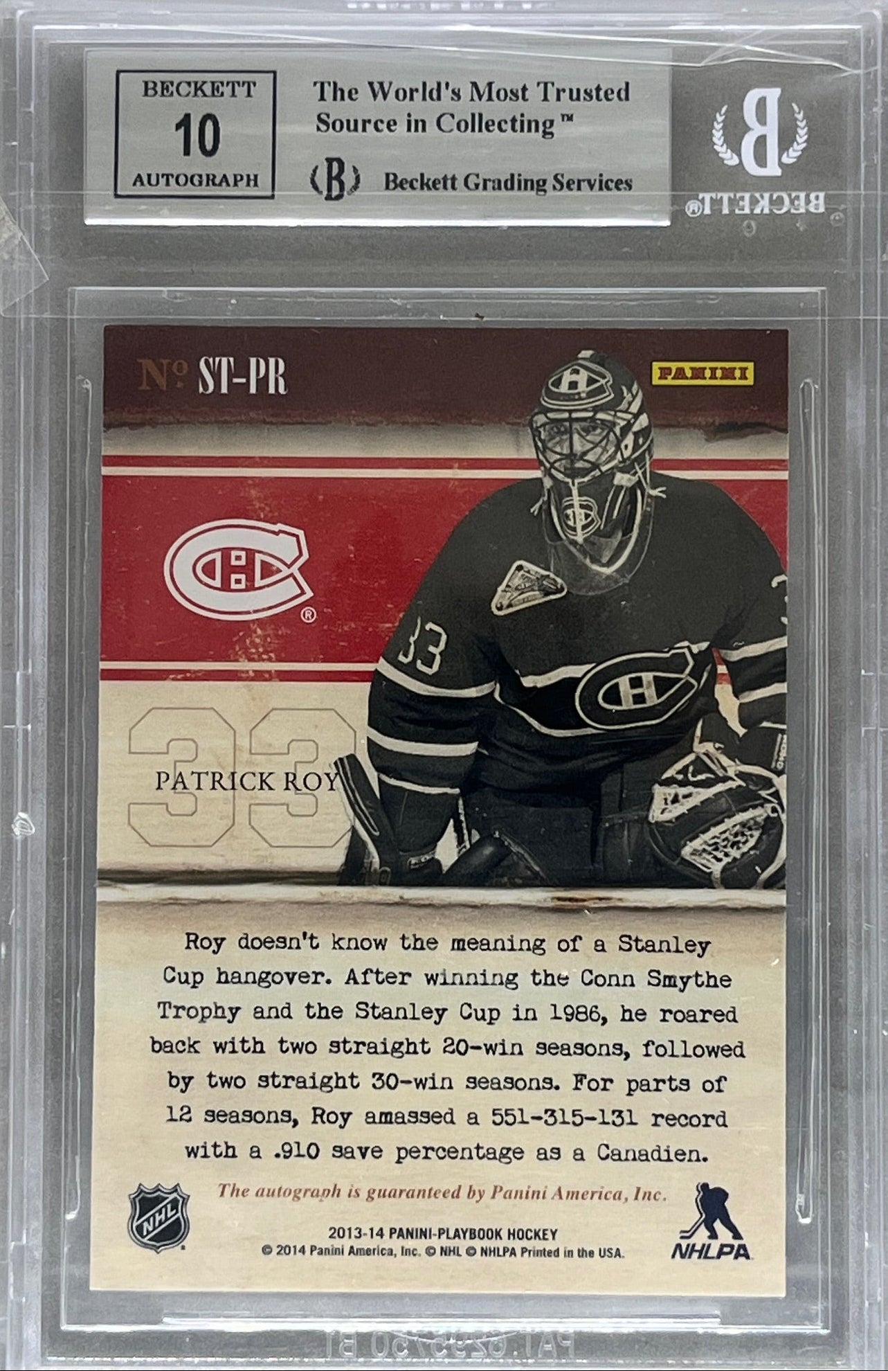 2013-14 Panini Playbook Storied Signatures Patrick Roy Auto /50 BGS 9