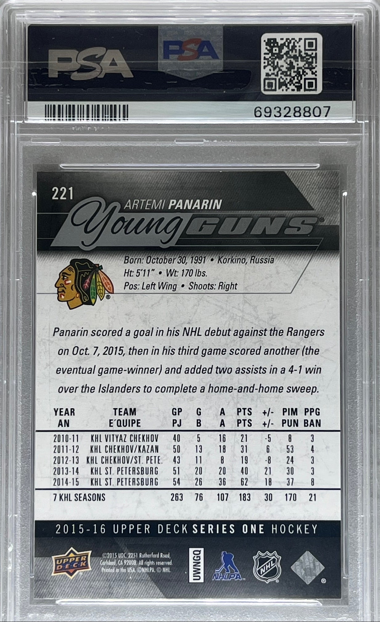 2015-16 Upper Deck Artemi Panarin Rookie Young Guns RC #221 PSA 10