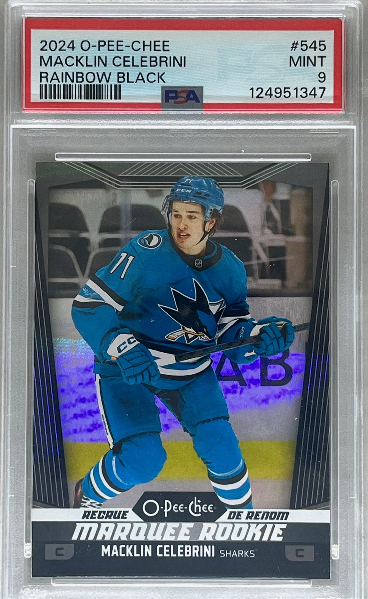 2024-25 O-Pee-Chee Rainbow Black Marquee Rookie Macklin Celebrini /100 PSA 9