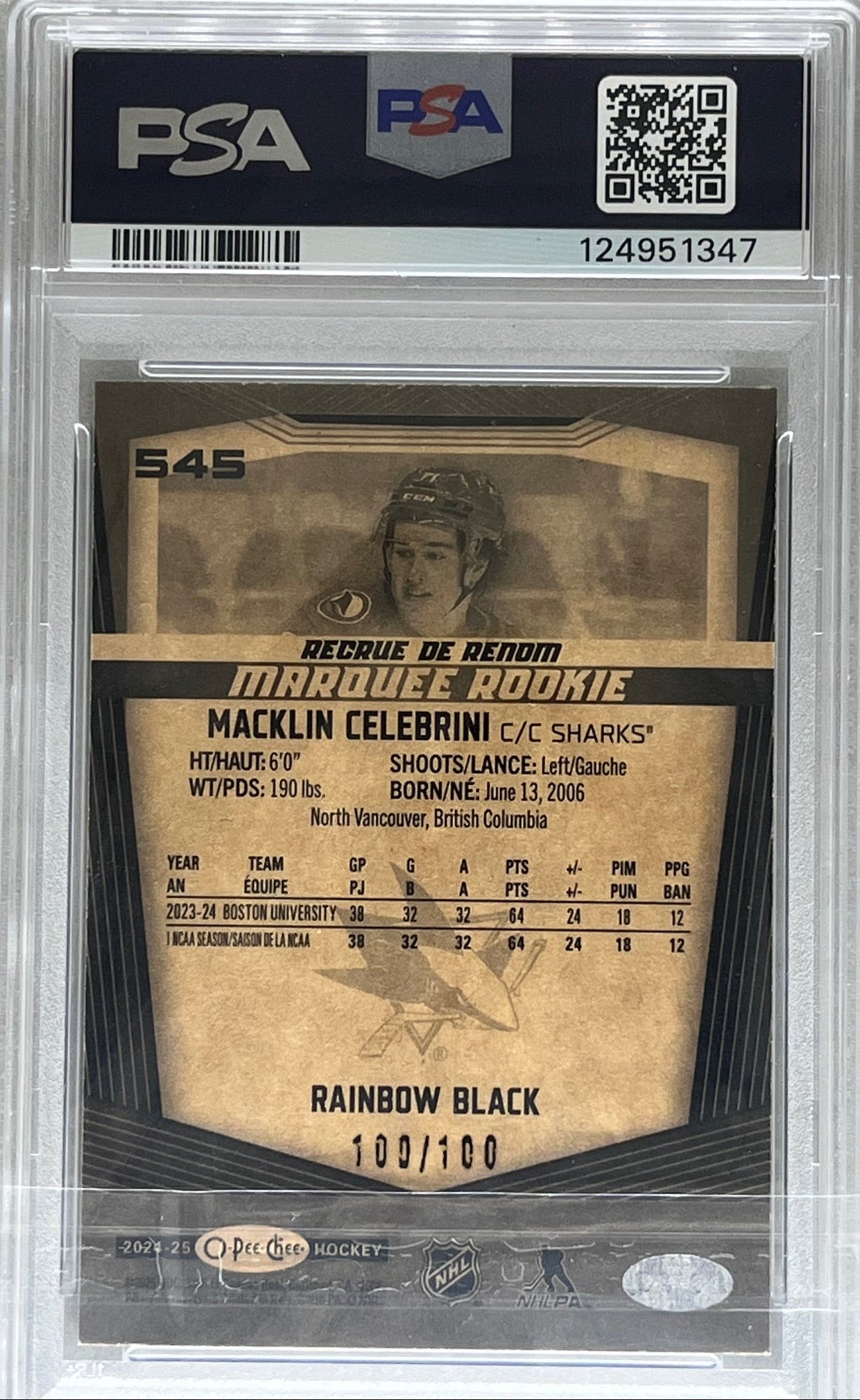 2024-25 O-Pee-Chee Rainbow Black Marquee Rookie Macklin Celebrini /100 PSA 9