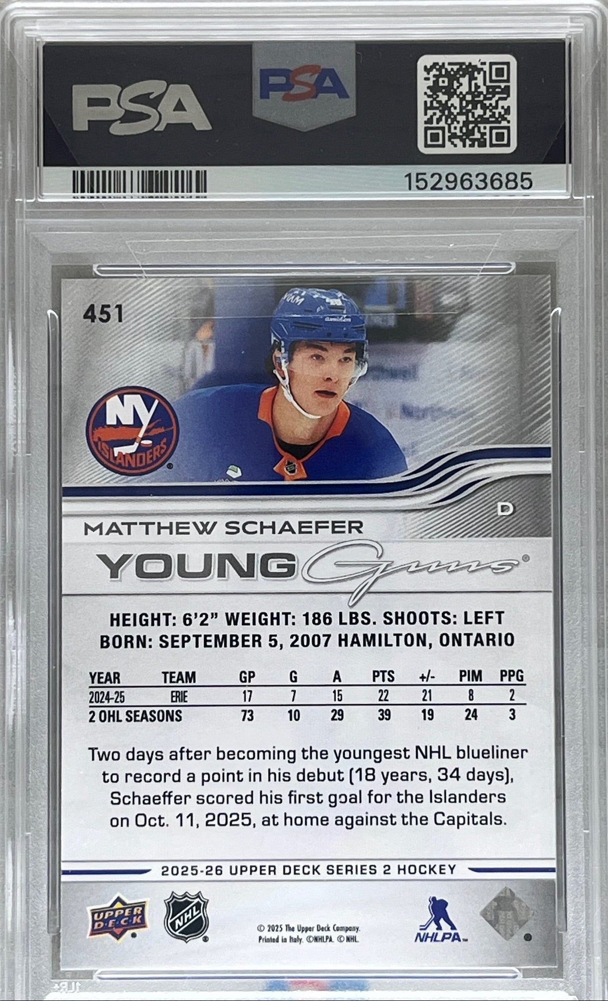 2025-26 Upper Deck Series 2 Young Guns Matthew Schaefer #451 PSA 10