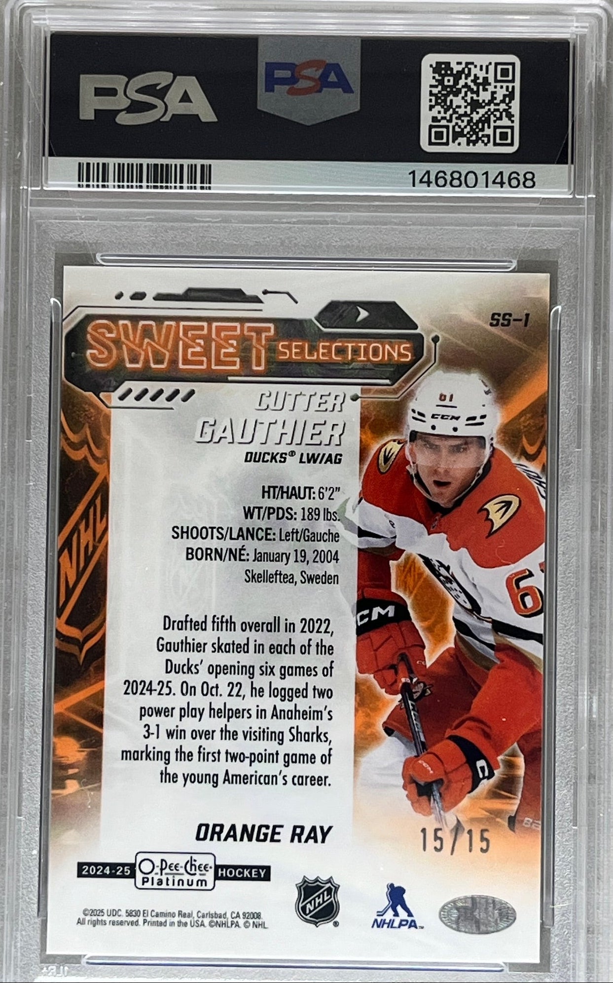 2024-25 O-Pee-Chee Platinum Sweet Selections Orange Ray Cutter Gauthier /15 PSA 10