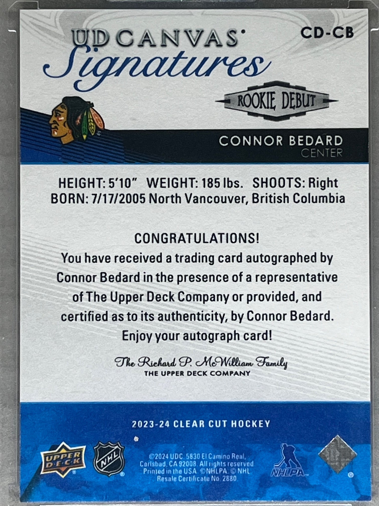 2023-24 Upper Deck Clear Cut Connor Bedard #CD-CB Canvas Rookie Debut Auto /25