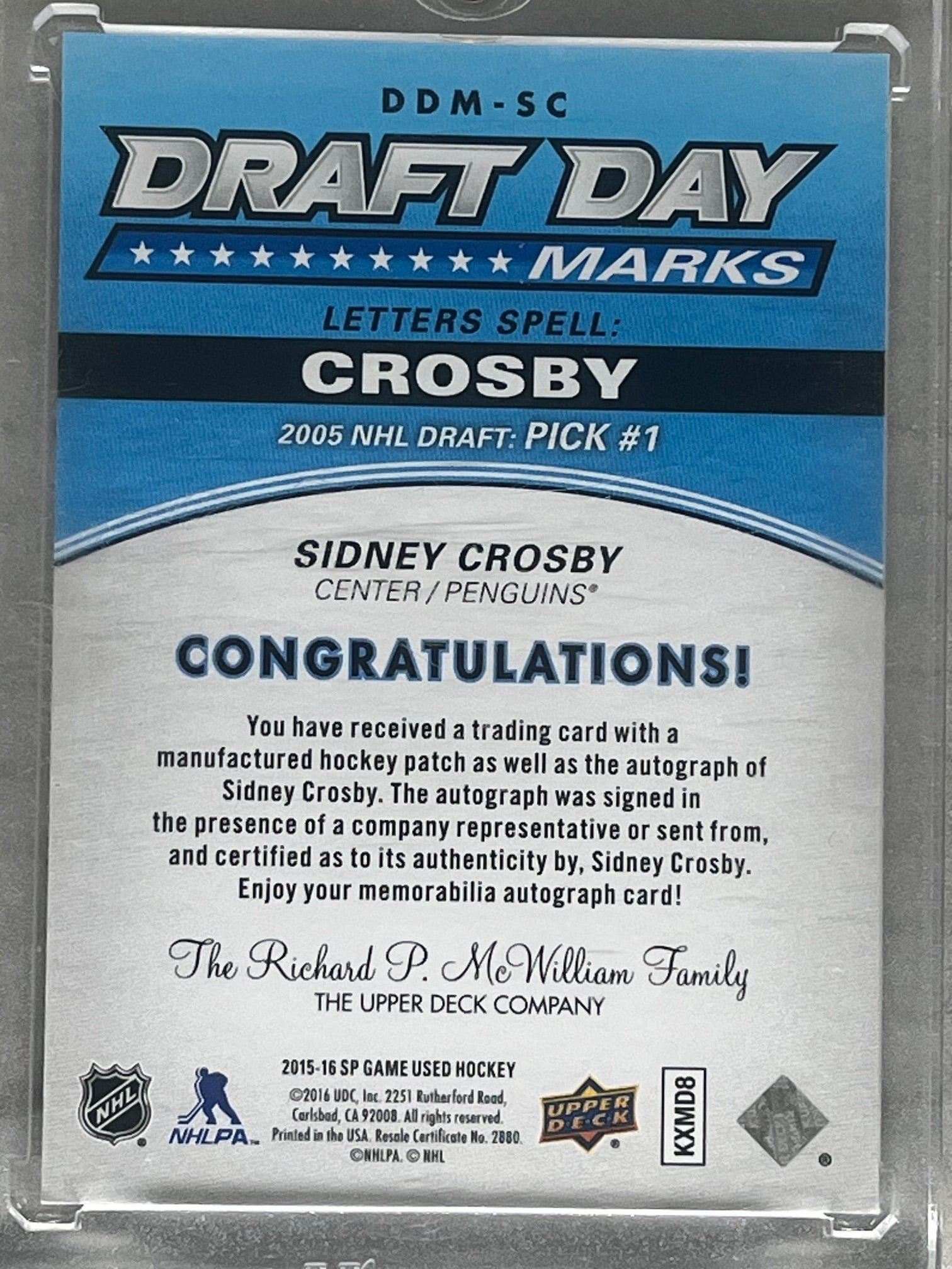2015-16 SP Game Used Draft Day Marks Sidney Crosby /10 "Y"
