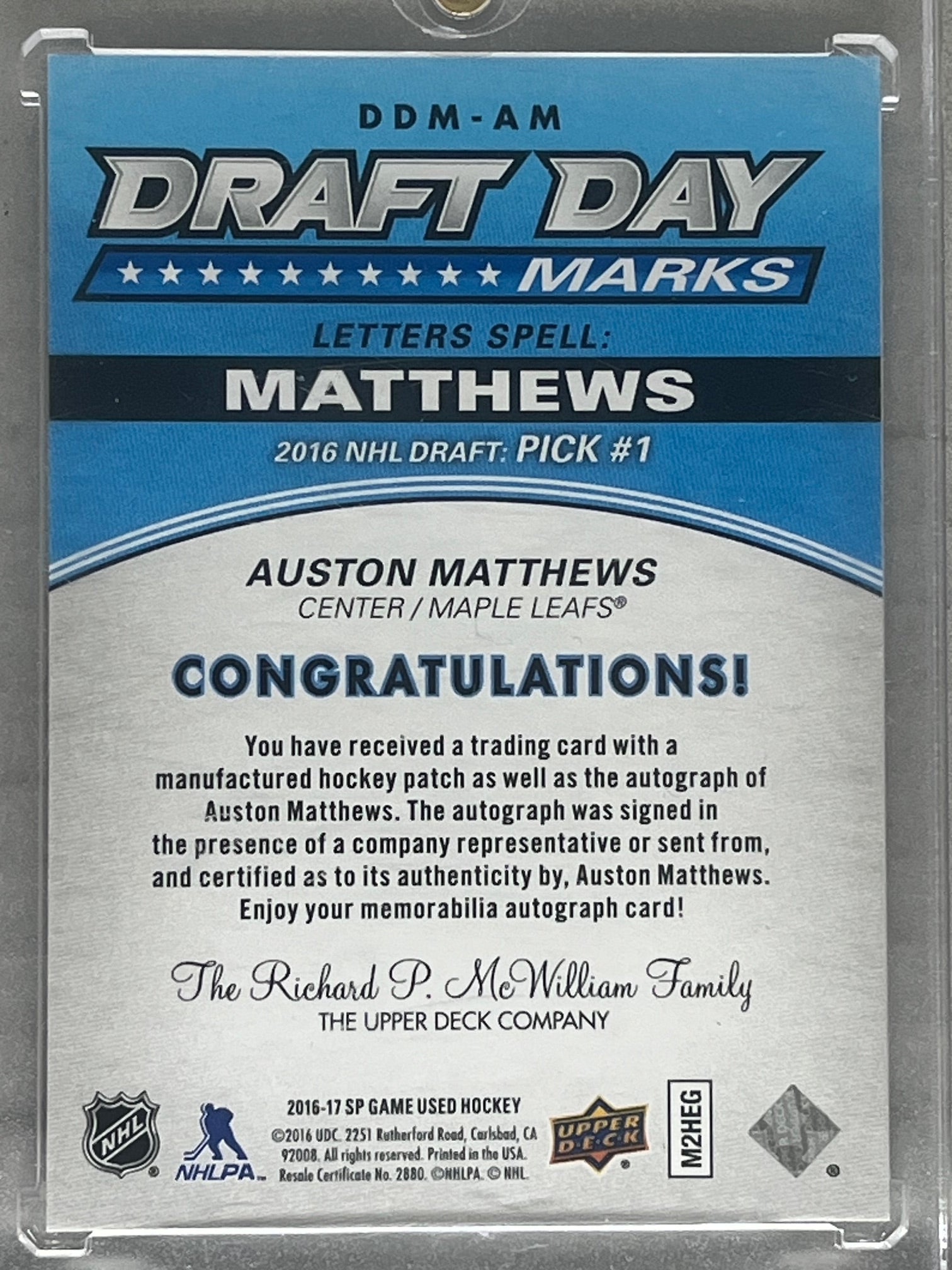 2016-17 Sp Game Used Draft Day Marks Auston Matthews RC "S" /10