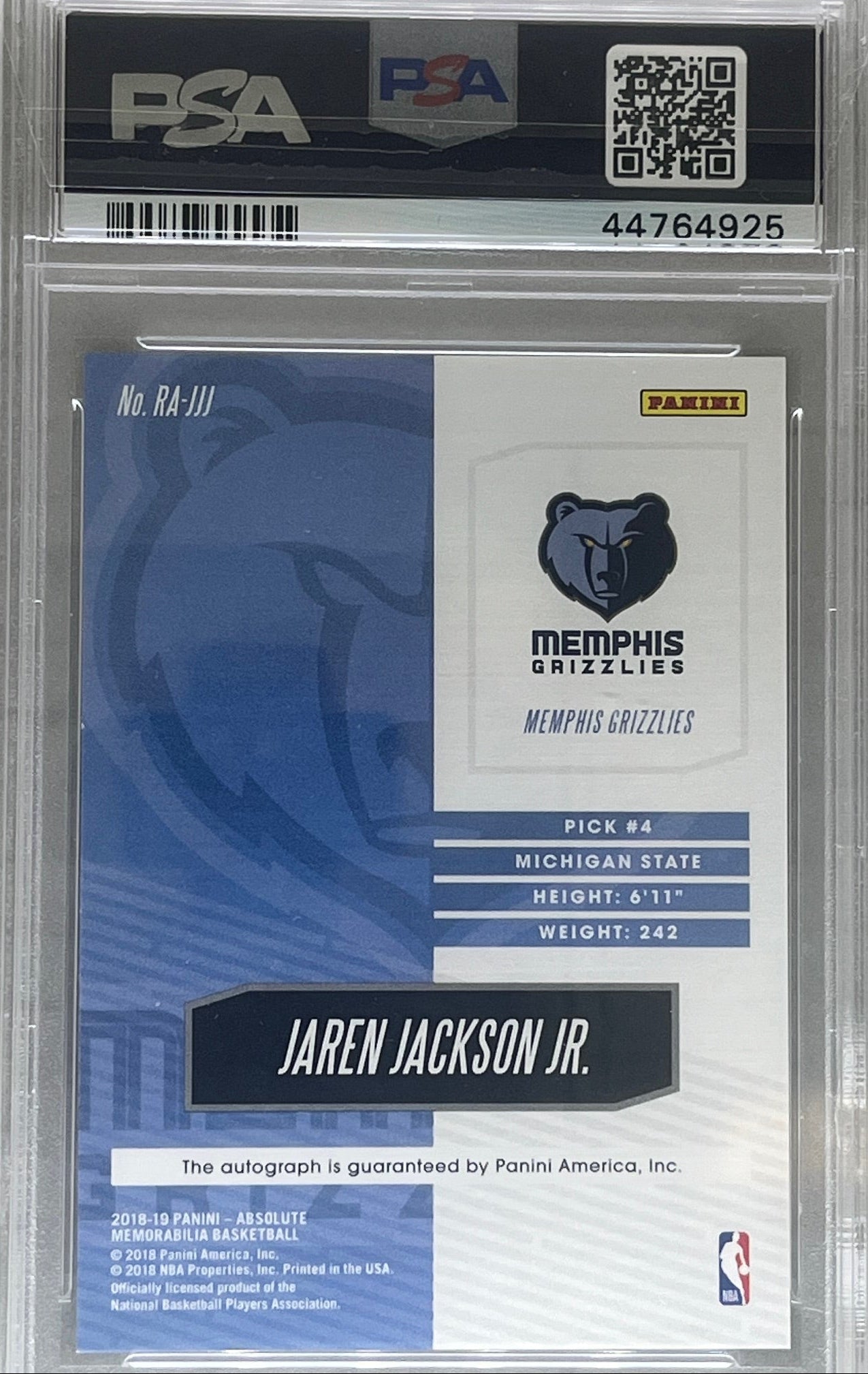 2018-19 Panini Absolute Mem. Jaren Jackson Jr. Rookie Auto /125 PSA 9