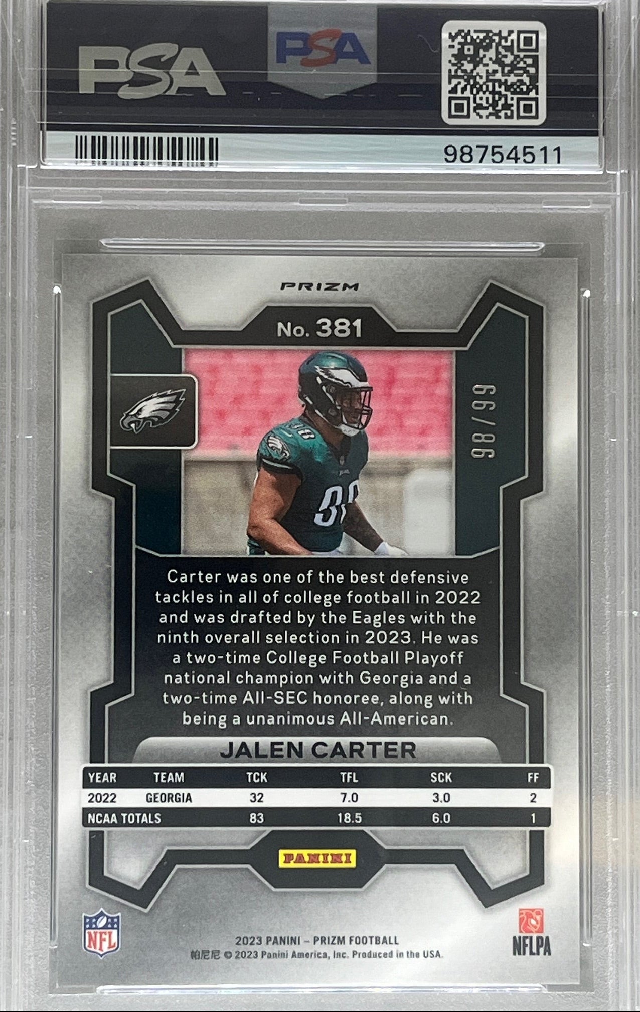2023 Panini Prizm Jalen Carter #381 Blue Ice /99 PSA 10