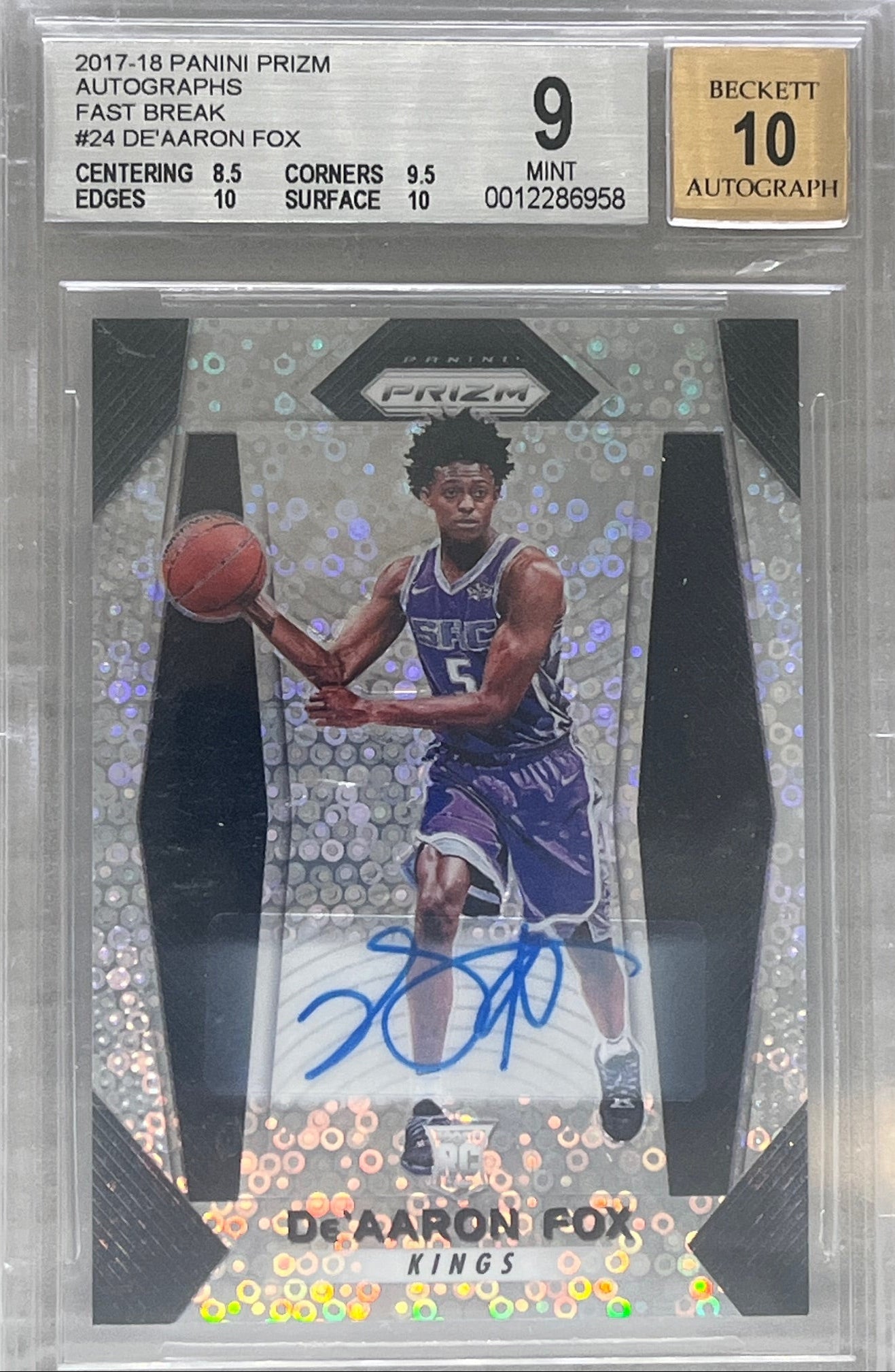2017-18 Panini Prizm De'Aaron Fox #24 Fast Break Auto Rookie BGS 9 / Auto 10