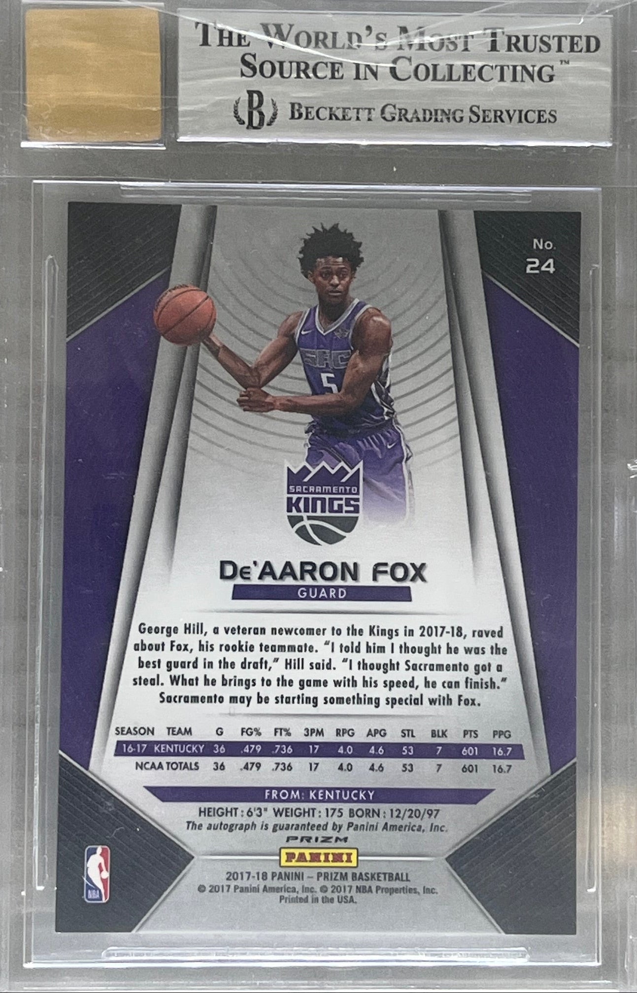 2017-18 Panini Prizm De'Aaron Fox #24 Fast Break Auto Rookie BGS 9 / Auto 10