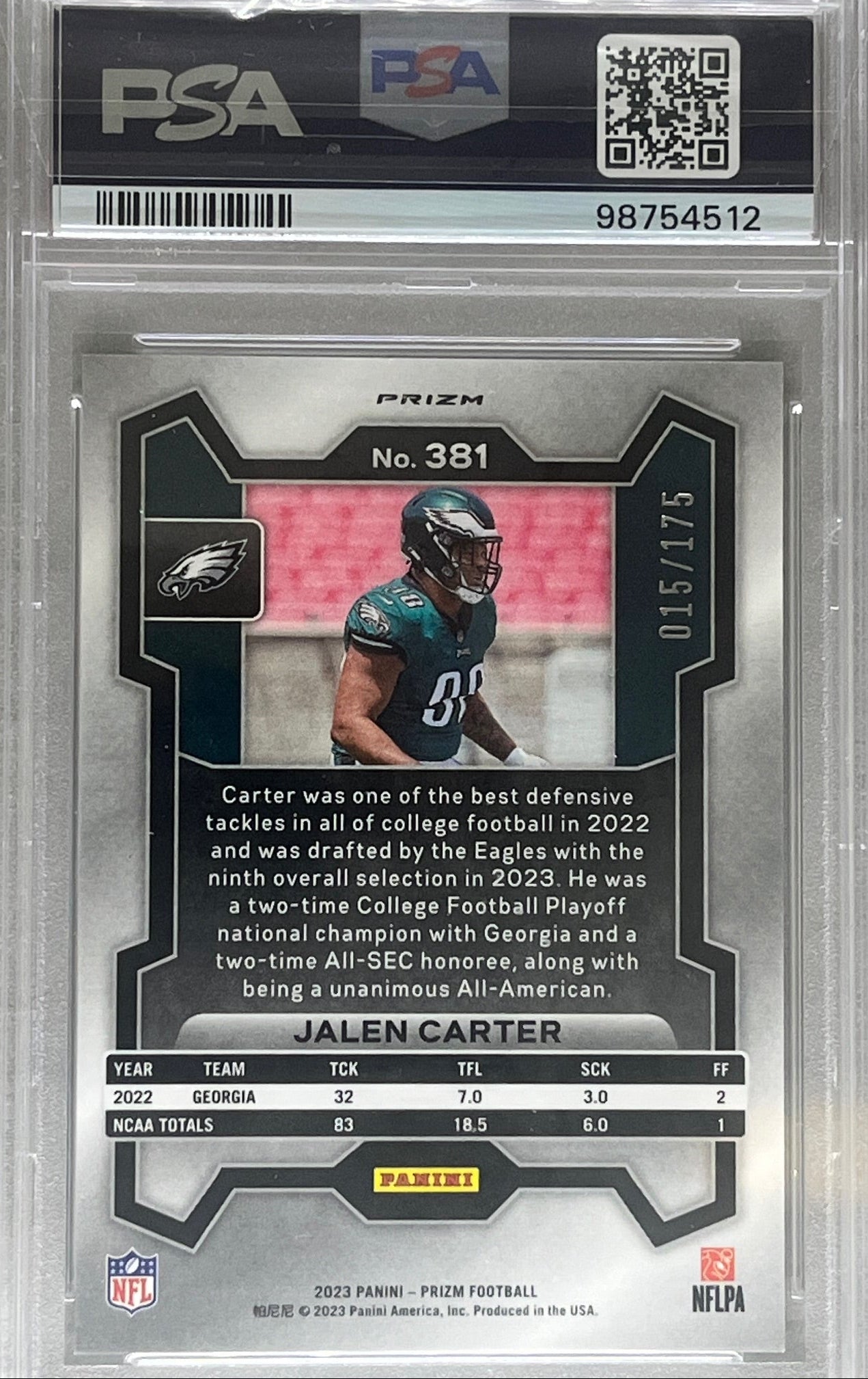 2023 Panini Prizm #381 Jalen Carter Hyper Prizm PSA 9