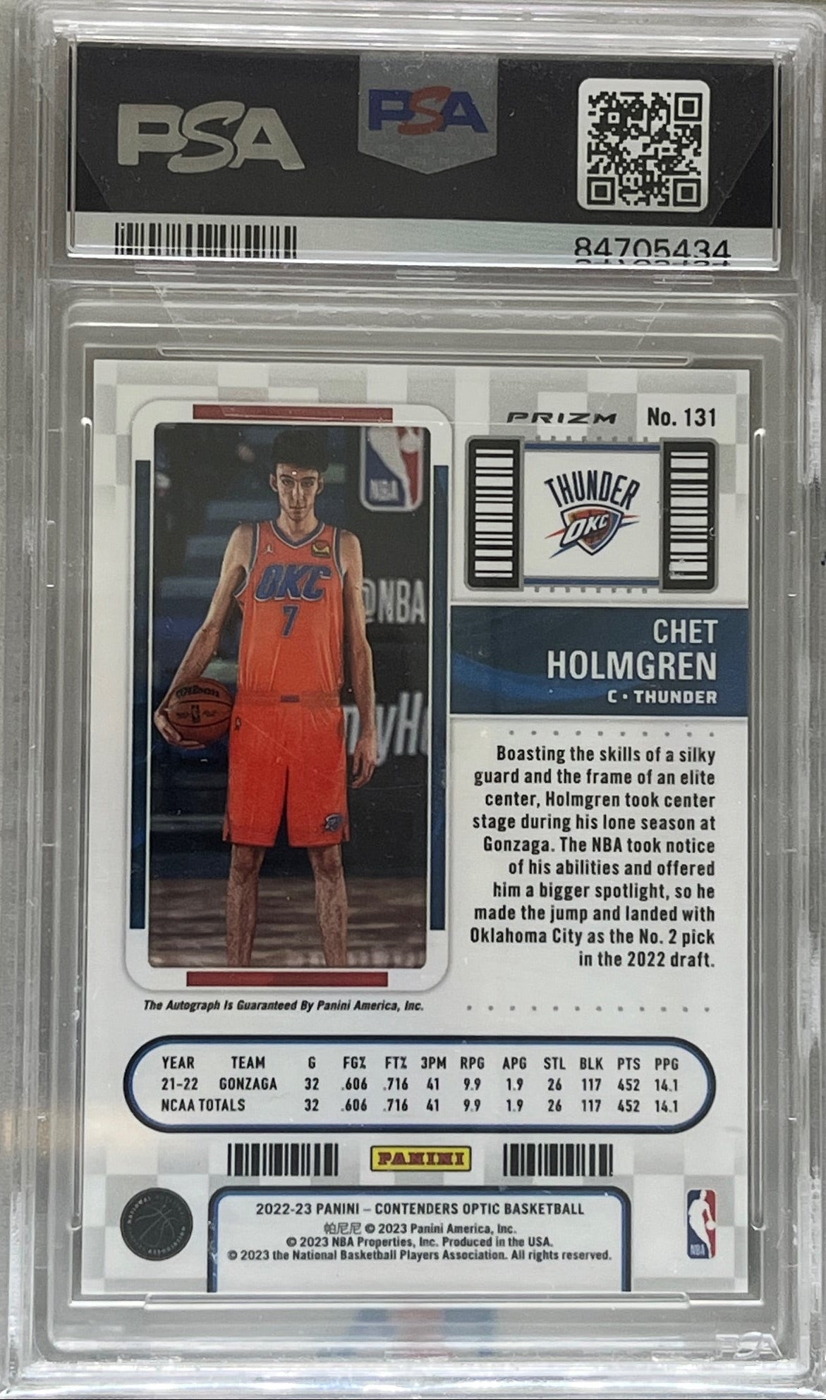 2022-23 Panini Contenders Optic Chet Holmgren Rookie Ticket RC Auto #131 PSA 10