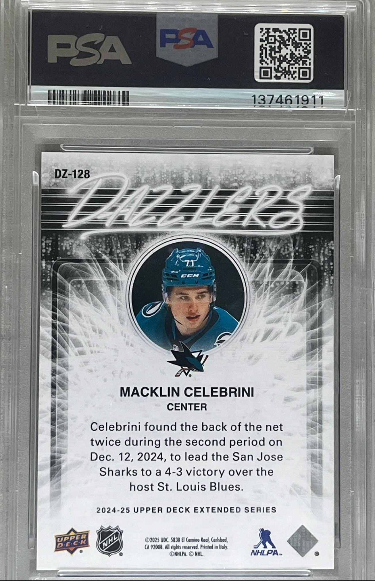 2024-25 Upper Deck Dazzlers Blue Macklin Celebrini DZ-128 PSA 10