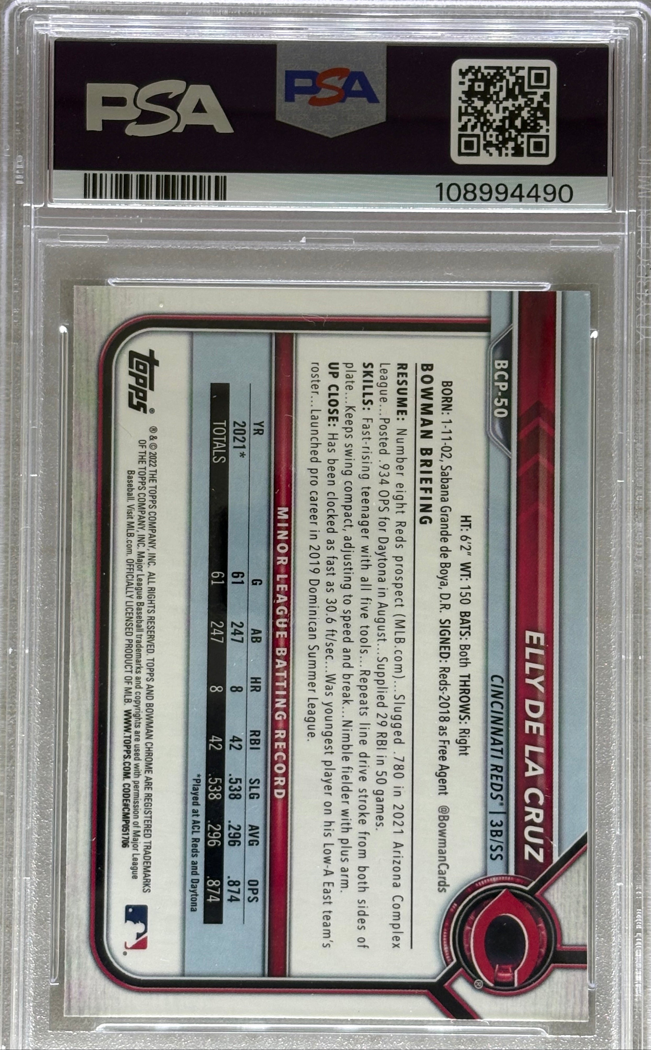 2022 Bowman Elly De La Cruz Chrome Prospects PSA 10