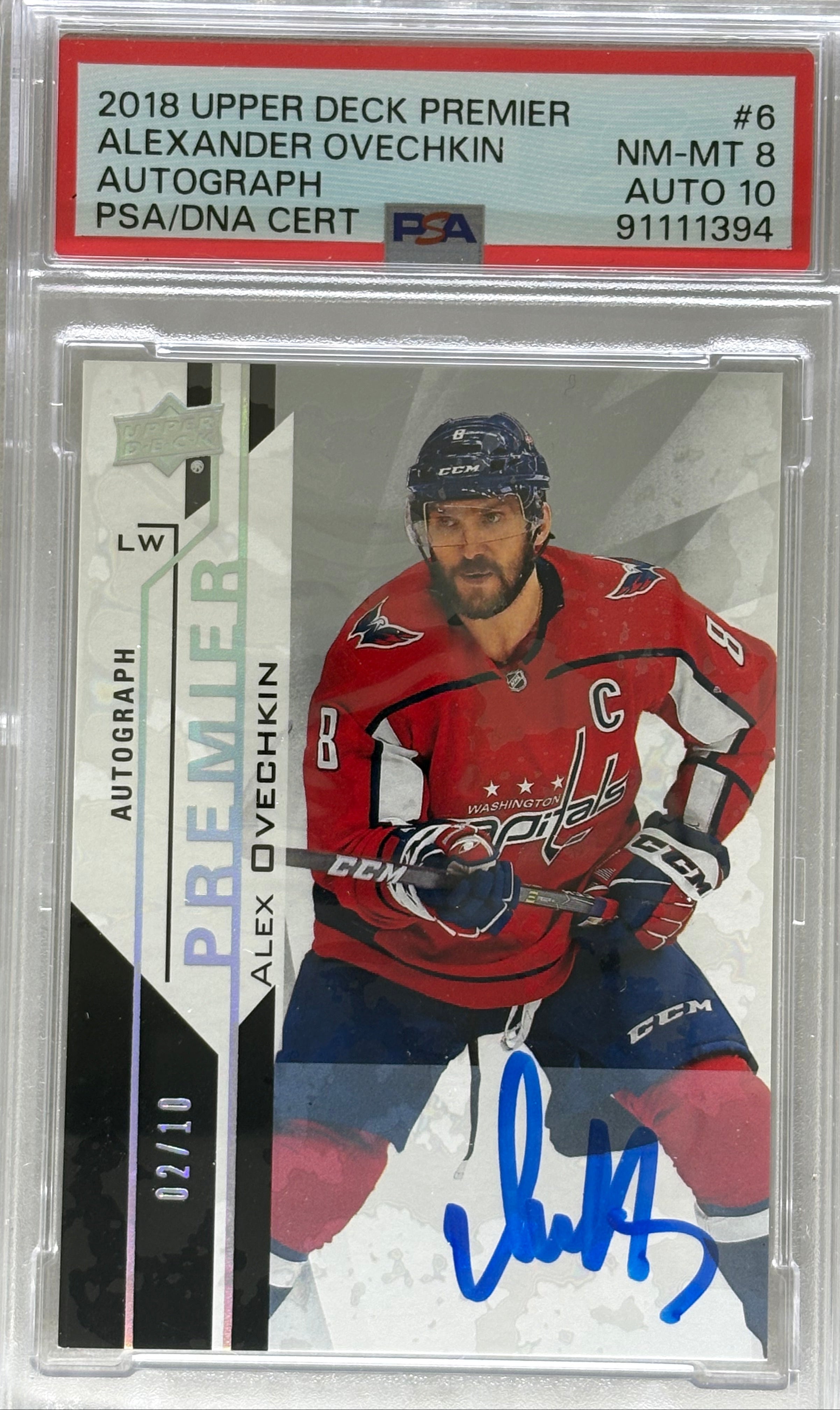 2018 Upper Deck Premier /10 Autograph Alex Ovechkin PSA 8 / Auto 10