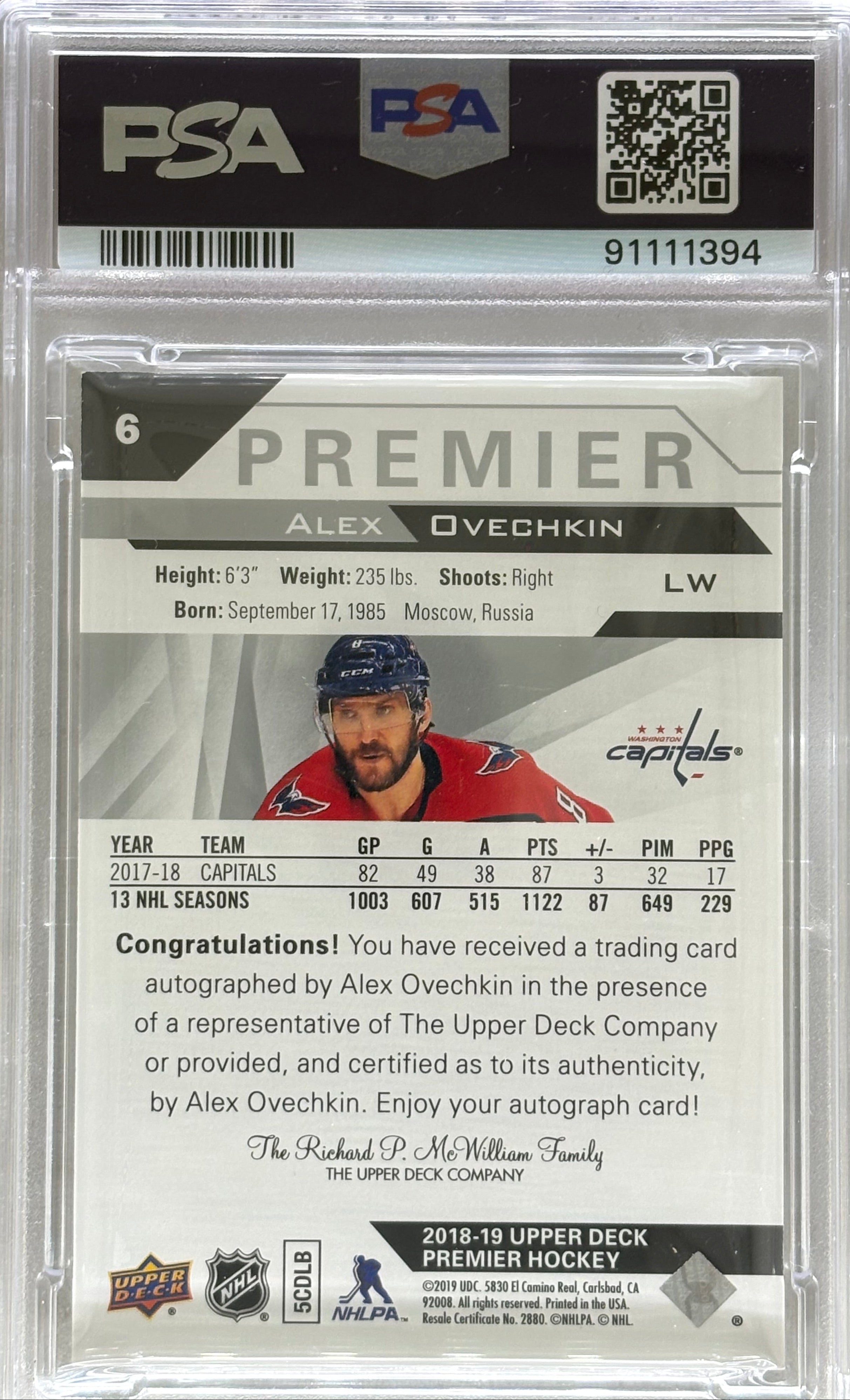 2018 Upper Deck Premier /10 Autograph Alex Ovechkin PSA 8 / Auto 10