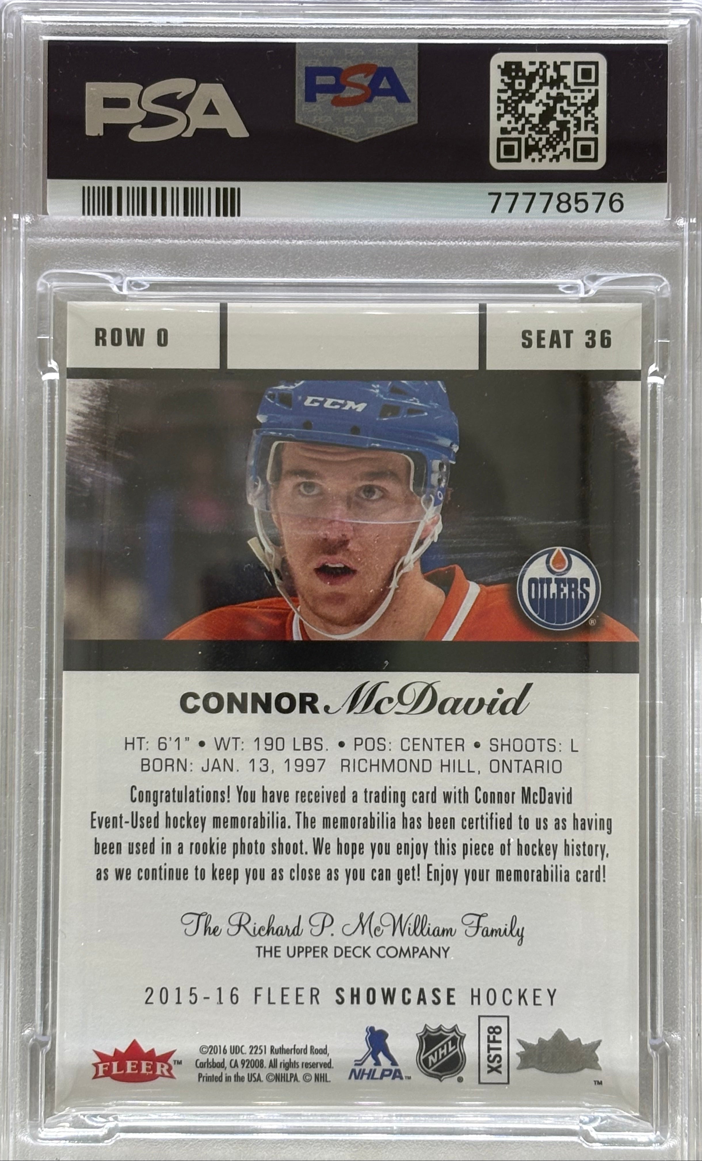 2015 Fleer Showcase Material Rookie Connor McDavid PSA 8