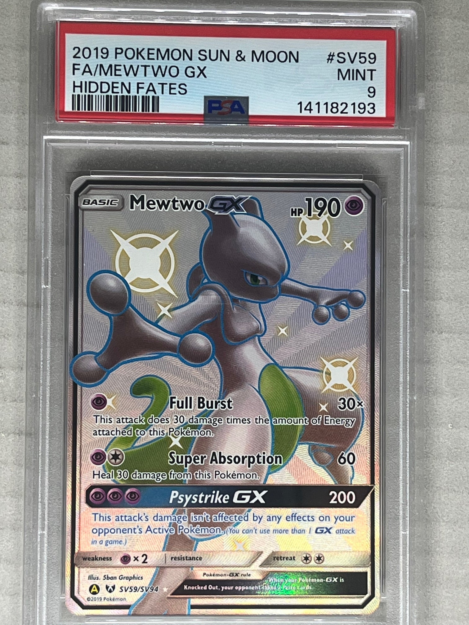 2019 Pokemon Sun & Moon Hidden Fates Shiny Vault Full Art Mewtwo GX #SV59 PSA 9