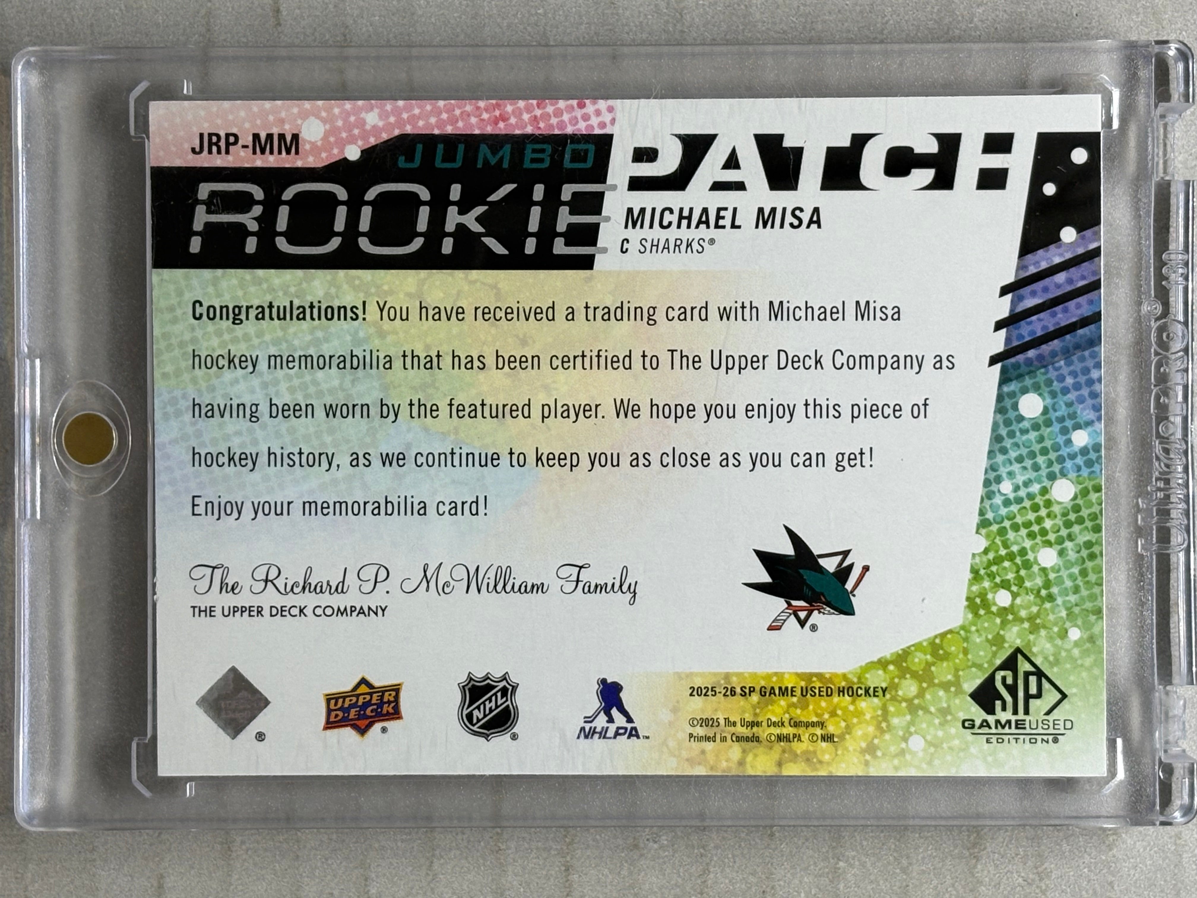 2025-26 SP Game Used Michael Misa Jumbo Patch Rookie Auto /25