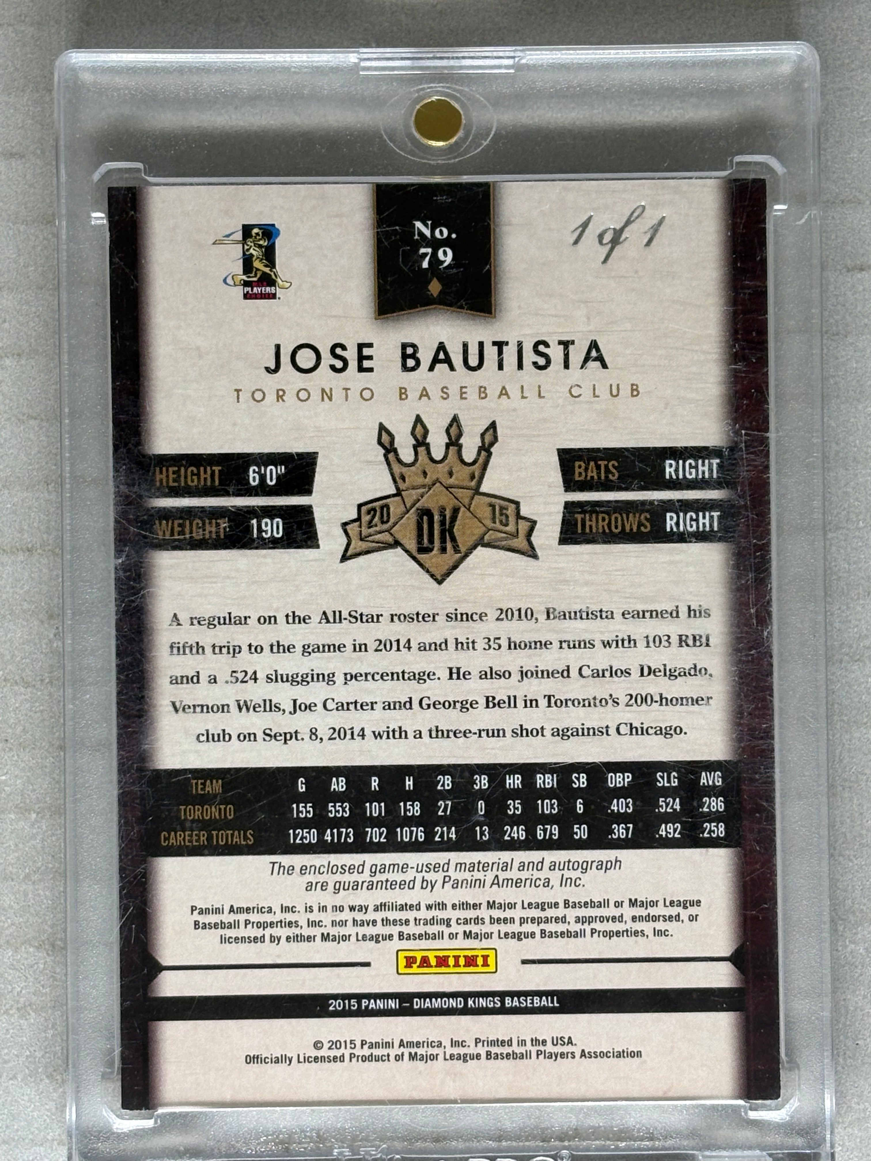 2015 Panini Diamond Kings 1/1 Dual Patch Auto Jose Bautista
