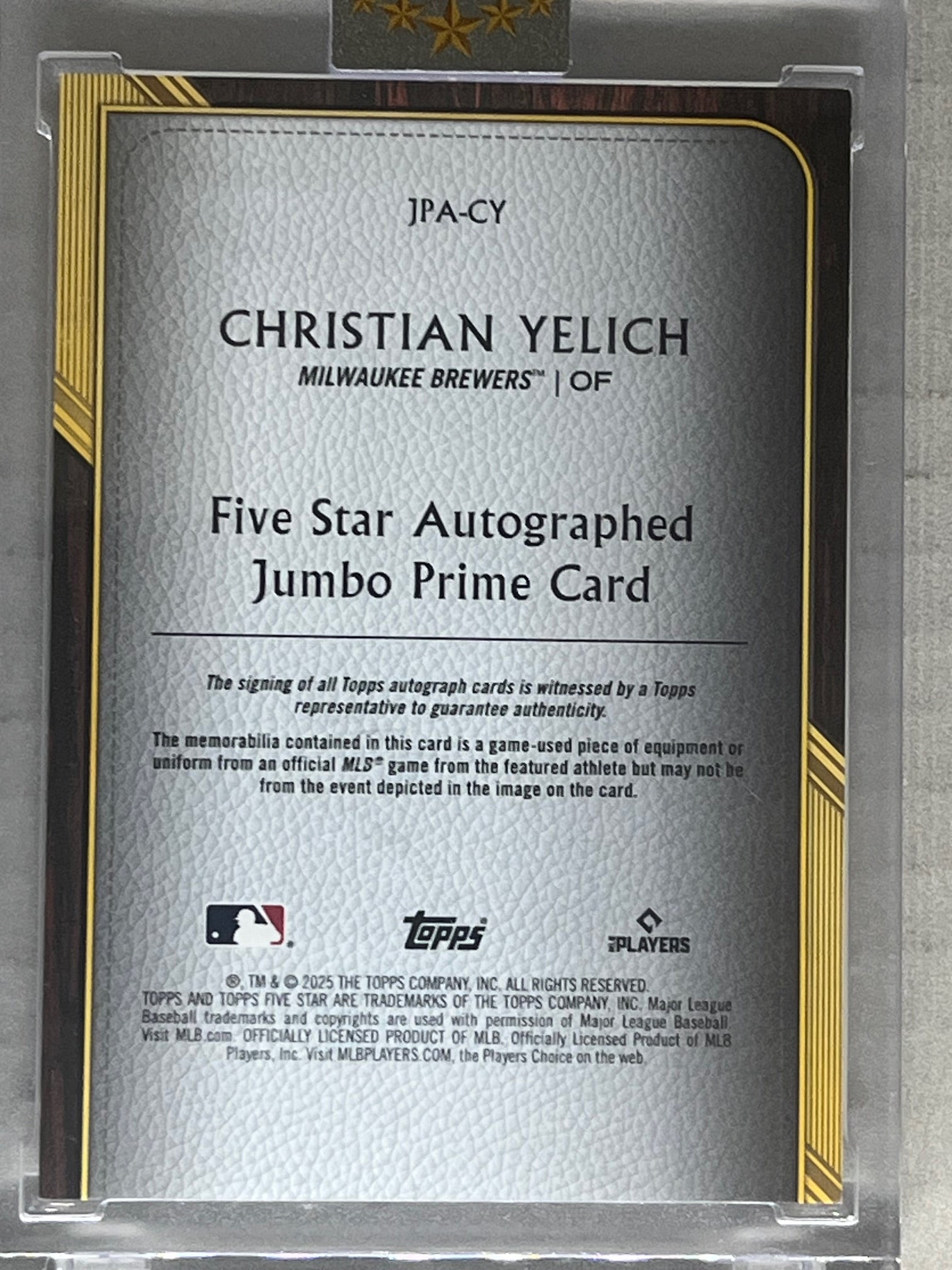 2025 Topps Five Star Christian Yelich Auto Button Patch 5/5 Jumbo Prime