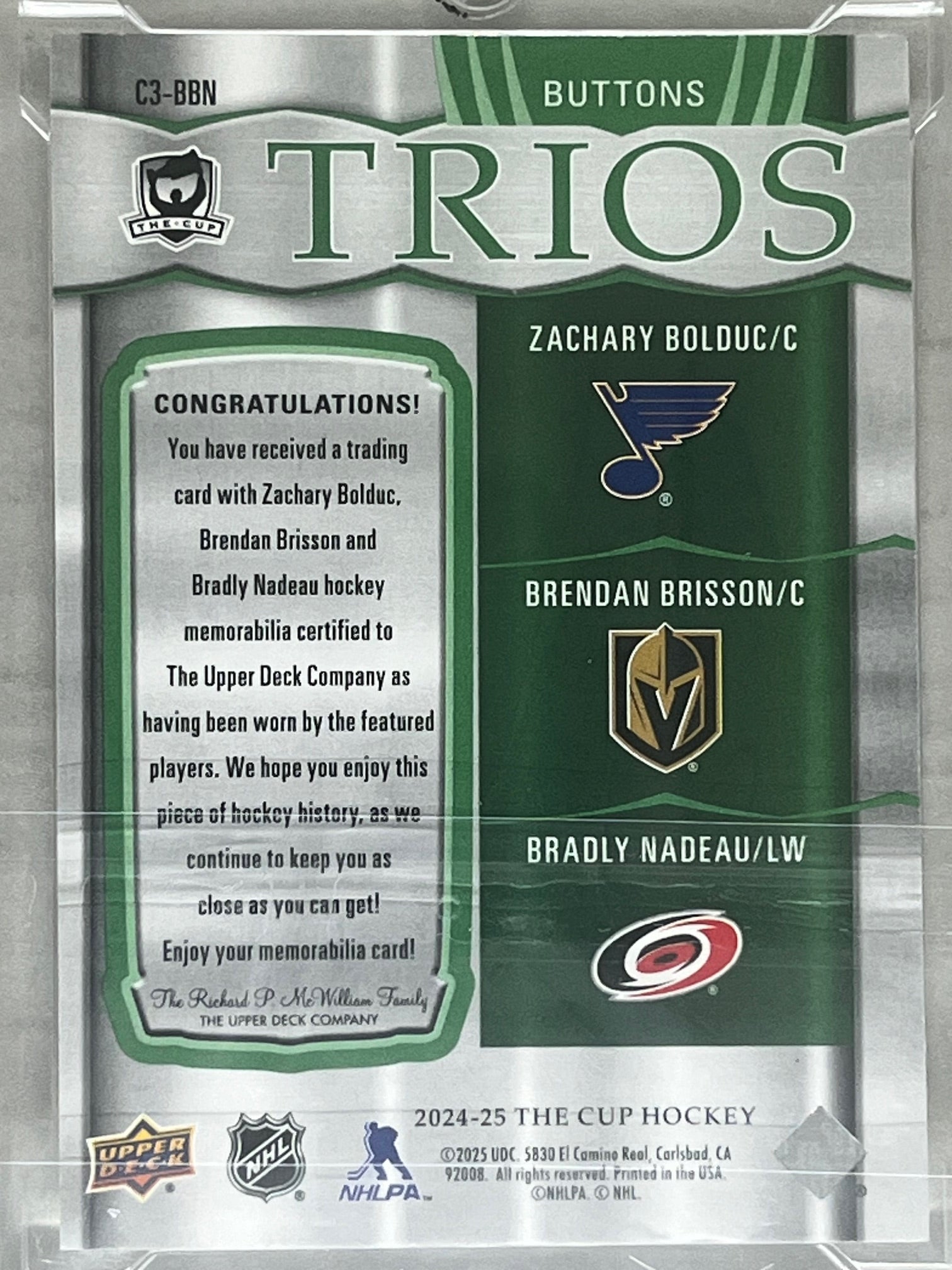 2024-25 The Cup Trios Buttons Zachary Bolduc, Brendan Brisson, Bradly Nadeau 1 of 1