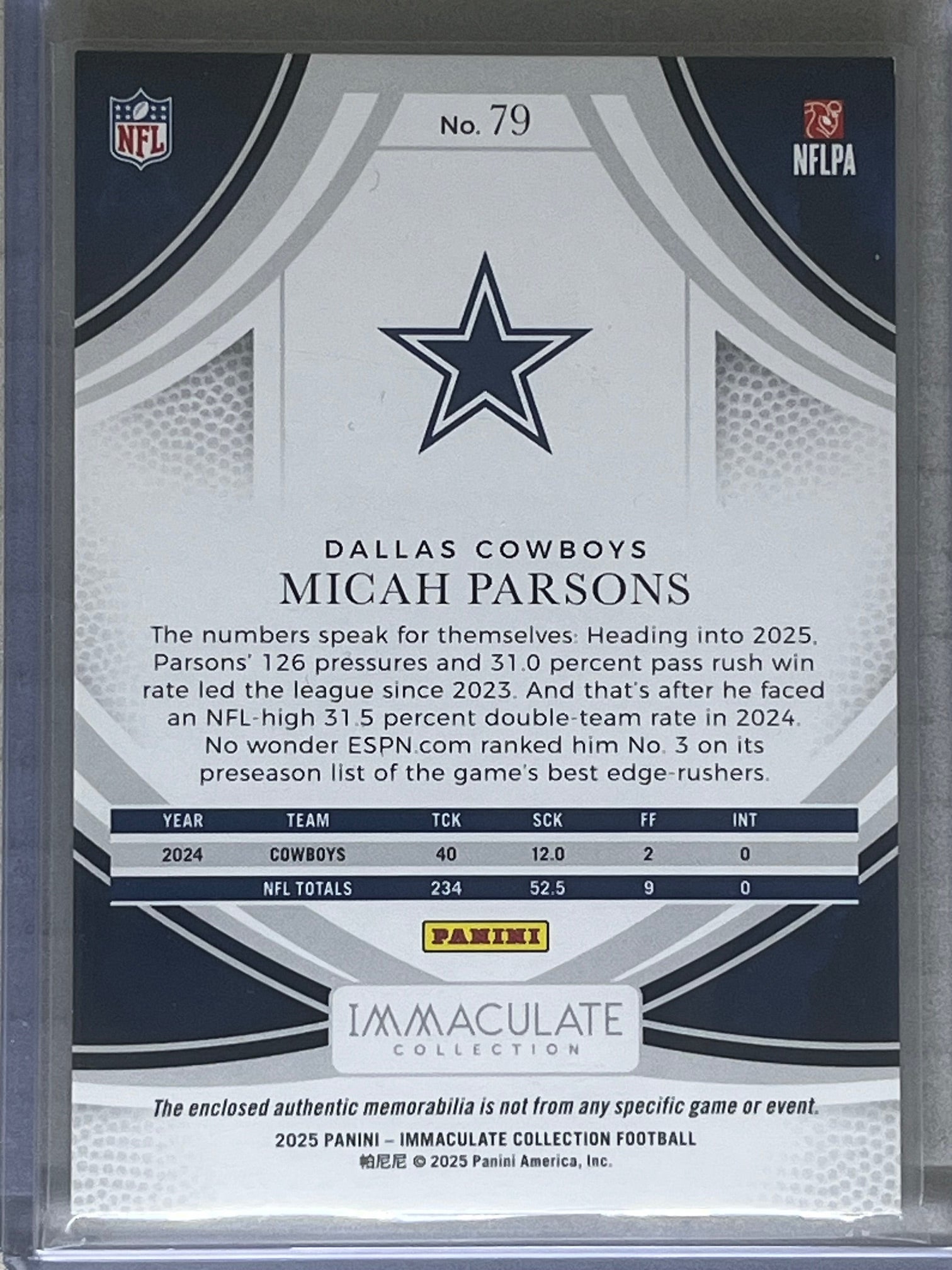 2025 Panini Immaculate Patch Micah Parsons /10