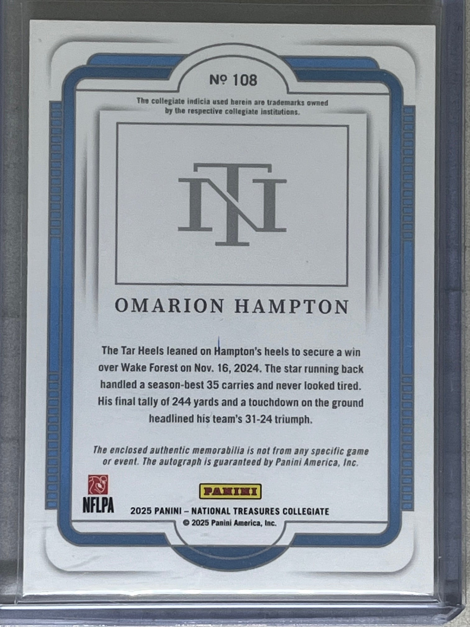 2025 Panini National Treasures Collegiate Omarion Hampton RC Patch Auto /99