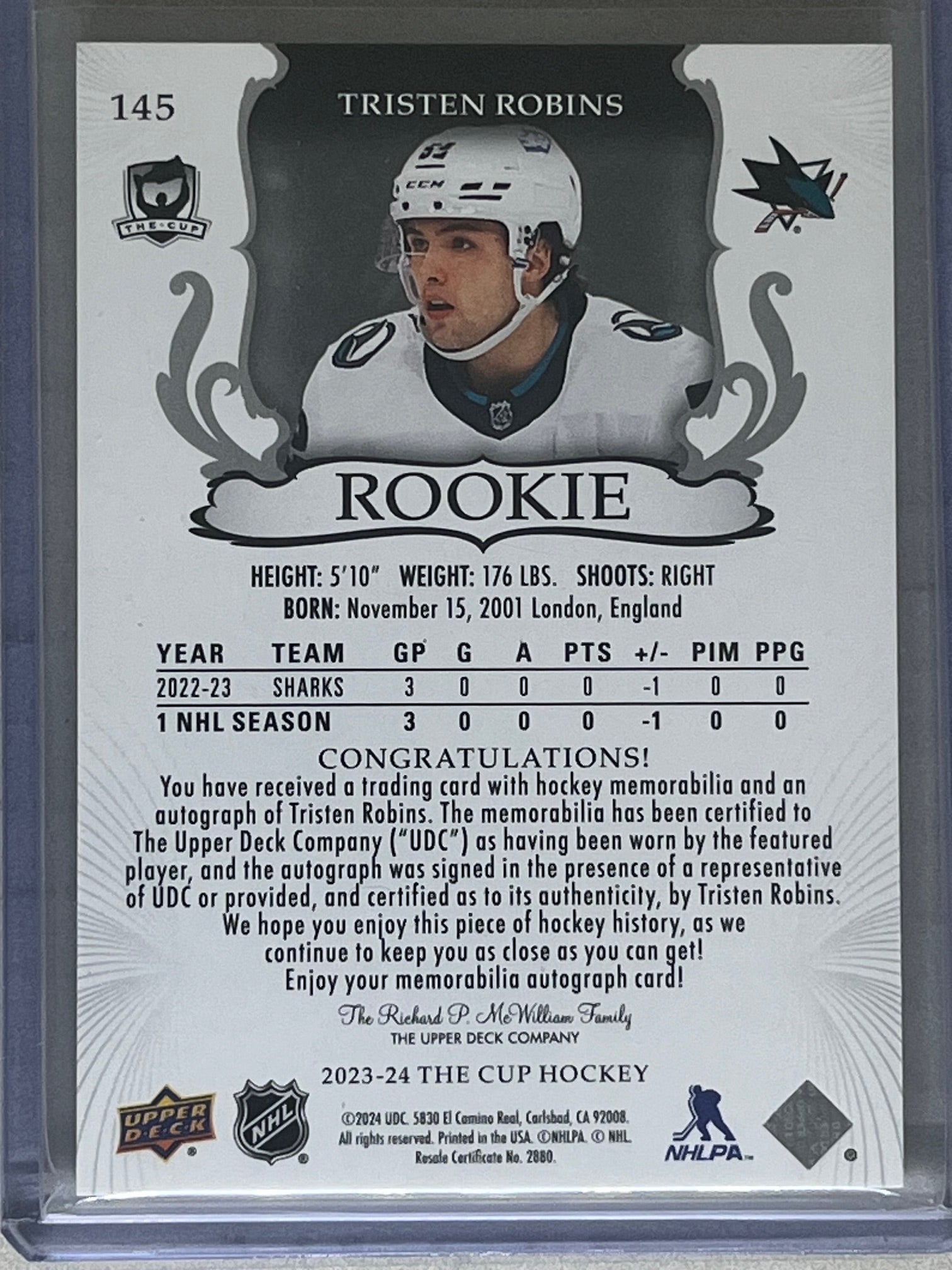 2023-24 Upper Deck The Cup Tristen Robins RPA Rookie Patch Auto Gold Foil /24