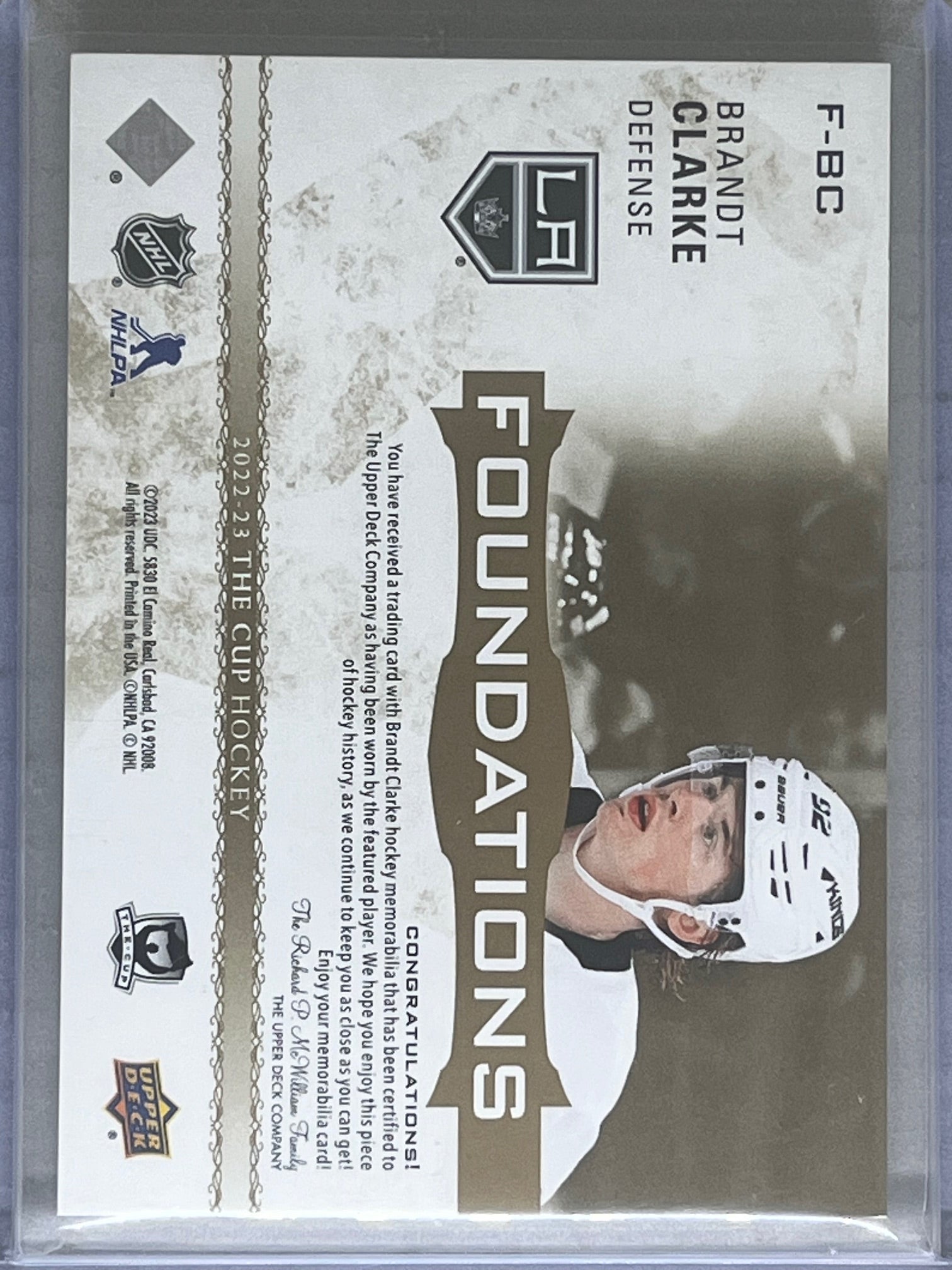 2022-23 Upper Deck The Cup Foundations Quad Patch Gold Brandt Clarke Rookie /10