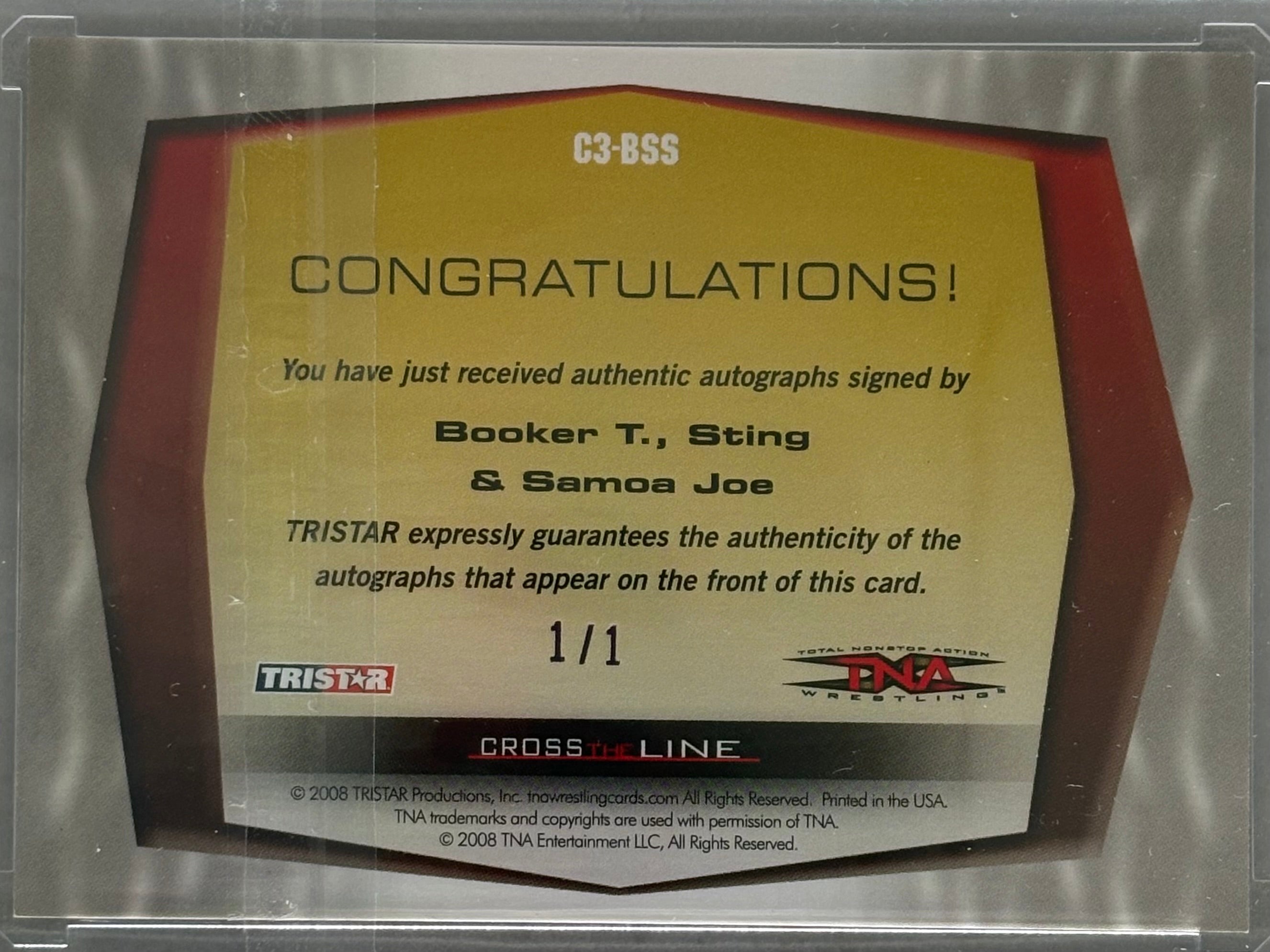 2006 Tristar Cross The Line Triple Auto 1/1 Samoa Joe, Sting, & Booker-T