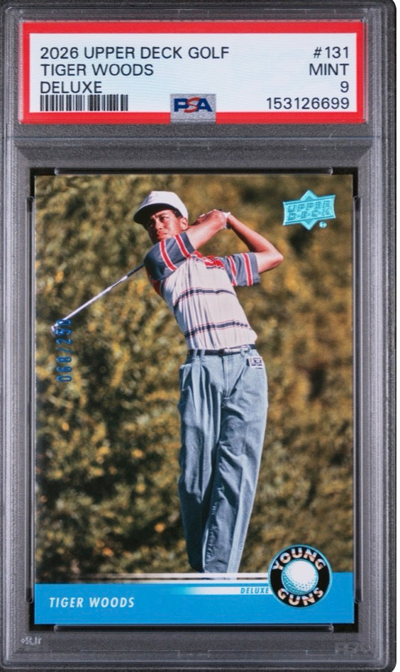 2026 Upper Deck Golf Young Guns Deluxe /250 Tiger Woods PSA 9