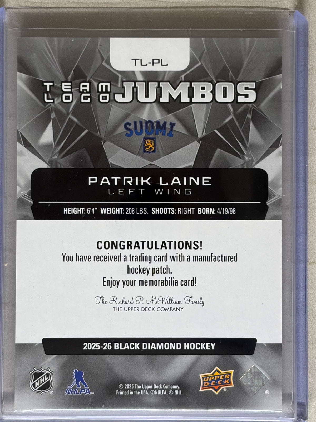 2025-26 Black Diamond Gold Full Team Logo Jumbo Patch Finland Patrik Laine
