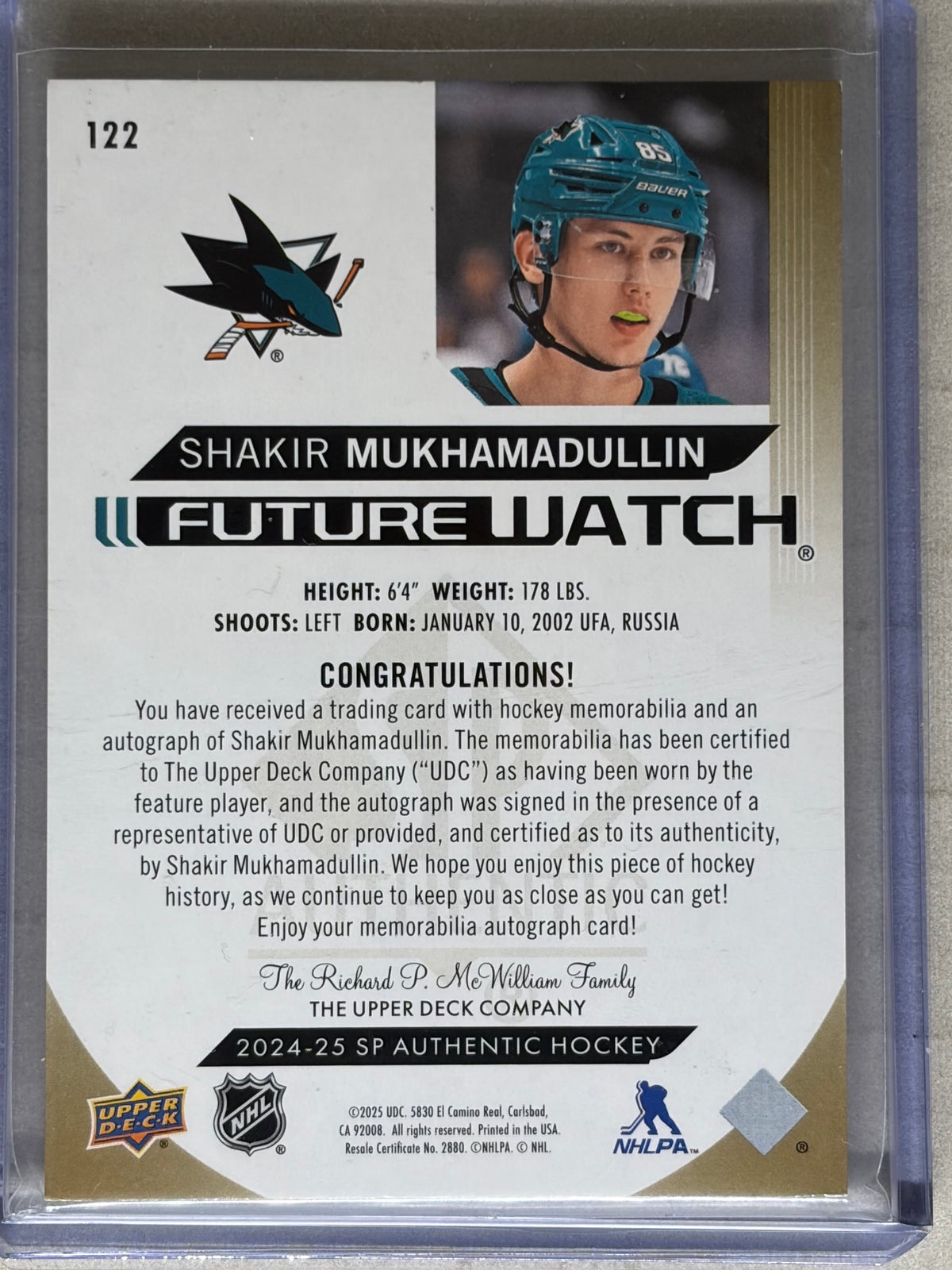 24-25 SP Authentic Hockey Future Watch Auto Patch Shakir Mukhamadullin /100