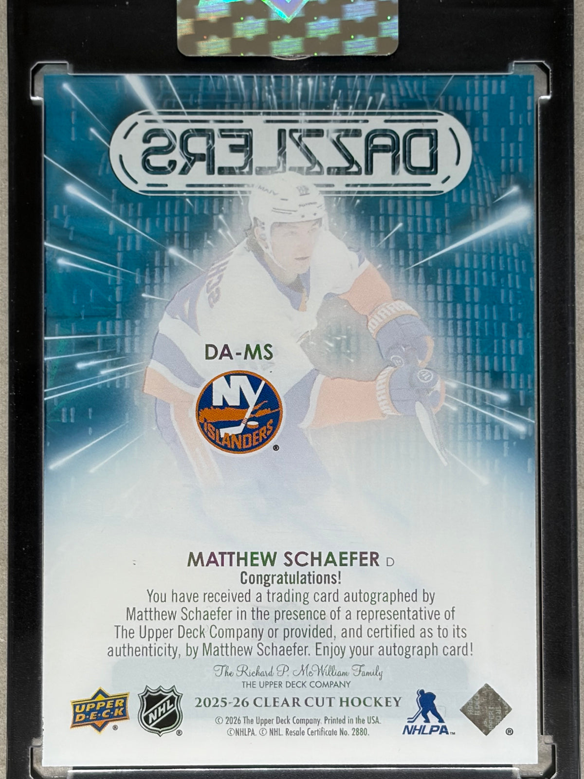 2025-26 Upper Deck Clear Cut Dazzlers Matthew Schaefer Auto #DA-MS