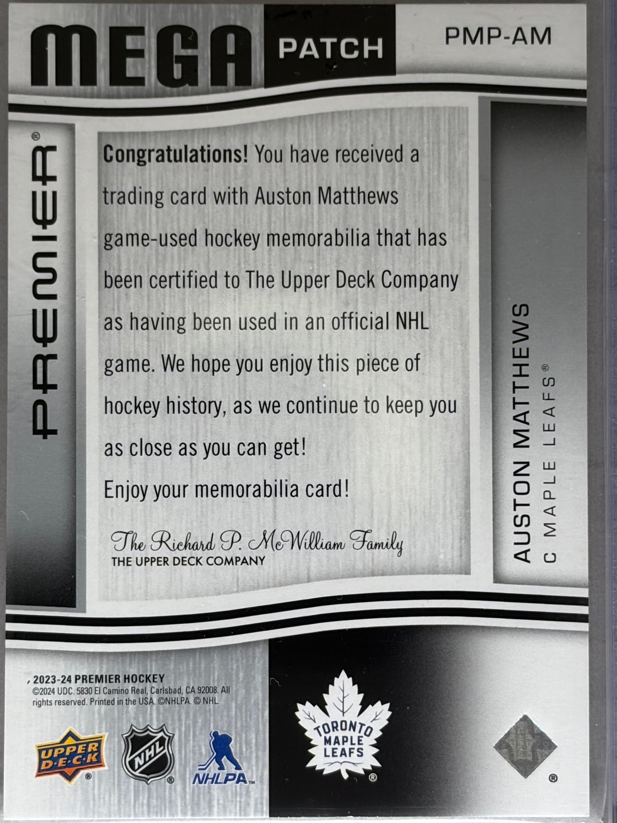 2023-24 Upper Deck Premier Mega Patch Chest Logo Auston Matthews /24