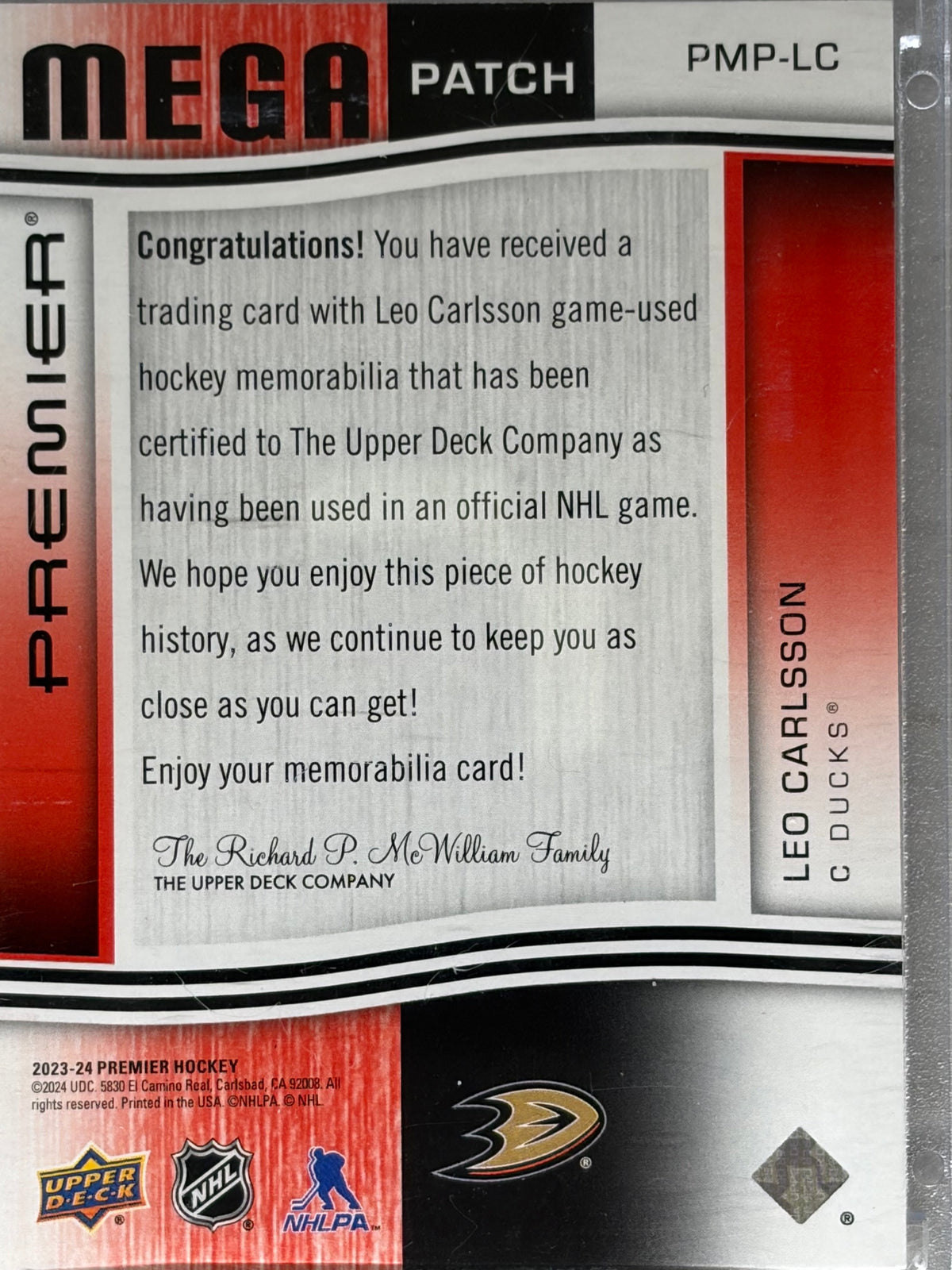 2023-24 Upper Deck Premier Leo Carlsson Mega Patch Commemorative Logos RC #/4