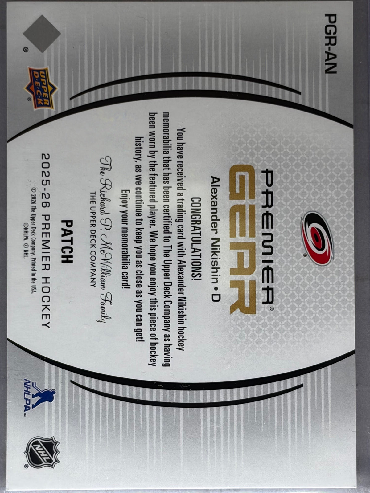 2025-26 Premier Rookie Gear Patch Alexander Nikishin /25