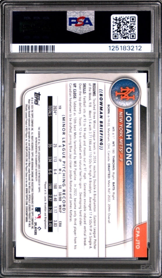 2025 Bowman Chrome Prospect Autographs Jonah Tong PSA 9