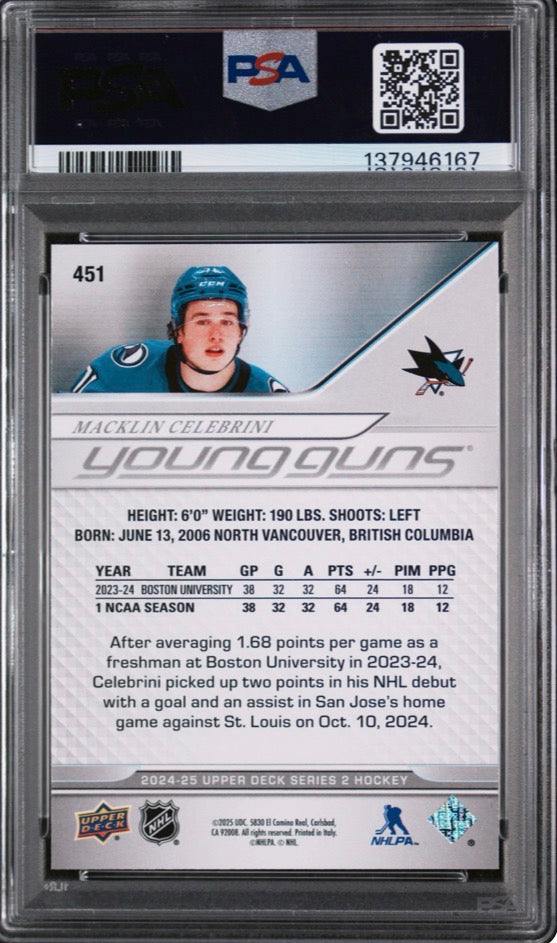 2024/25 Upper Deck Young Guns Macklin Celebrini PSA 9
