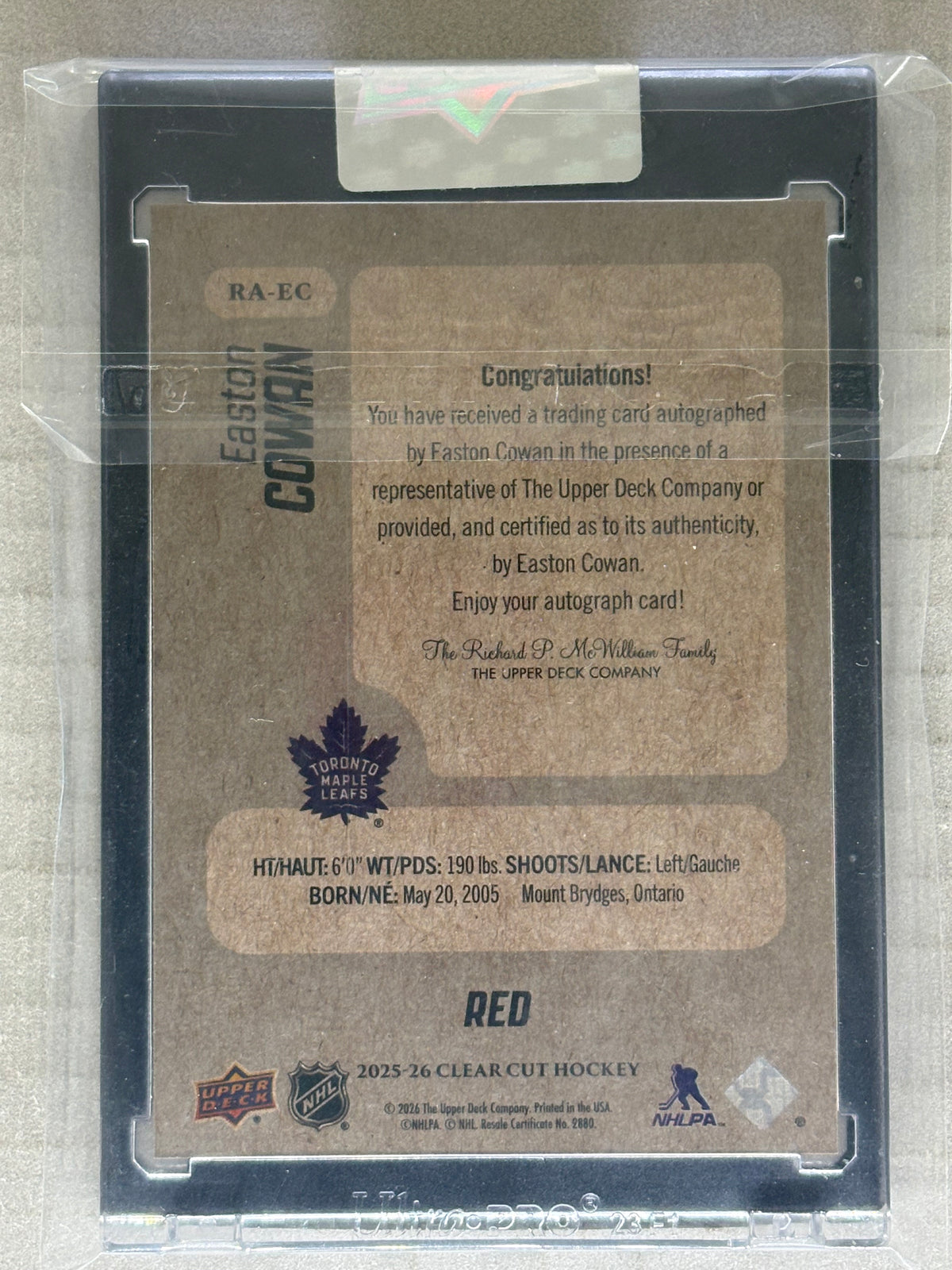 2025-26 Clear Cut Retro Rookie Easton Cowan /10