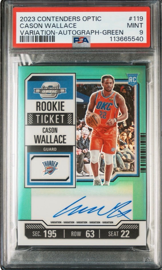 2023 Contenders Optic Cason Wallace /75 RC Auto Green Prizm Variation Ticket PSA 9