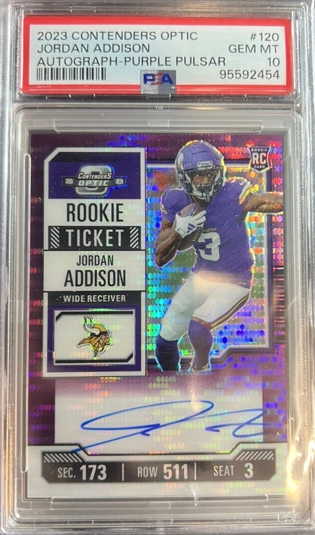 2023 Panini Contenders Optic Jordan Addison Purple Pulsar Auto #120 PSA 10