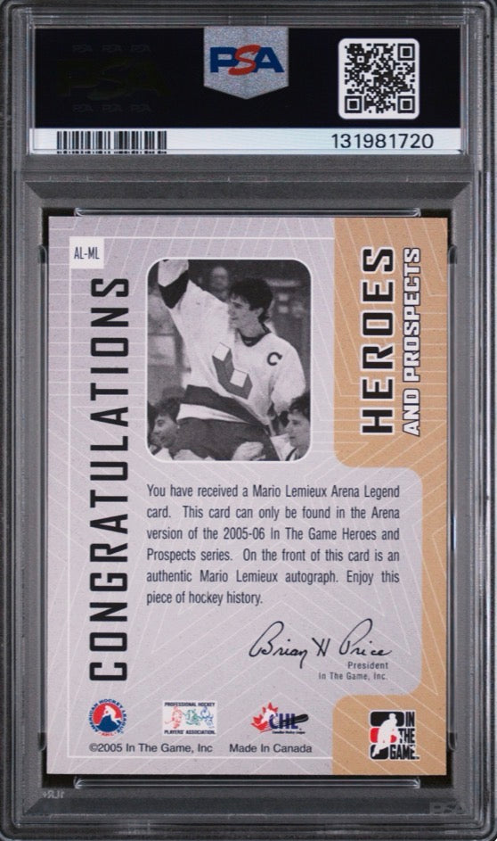2005-06 In The Game Heroes & Prospects Mario Lemieux Arena Legends Auto PSA 9
