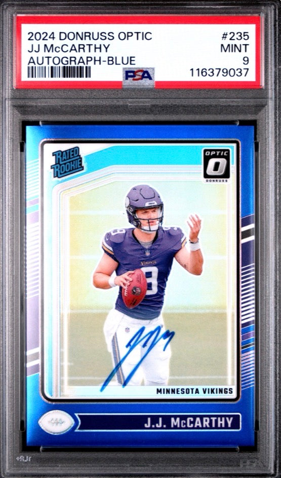 2024 Donruss Optic Rated Rookie Autograph Blue /99 J.J. McCarthy PSA 9