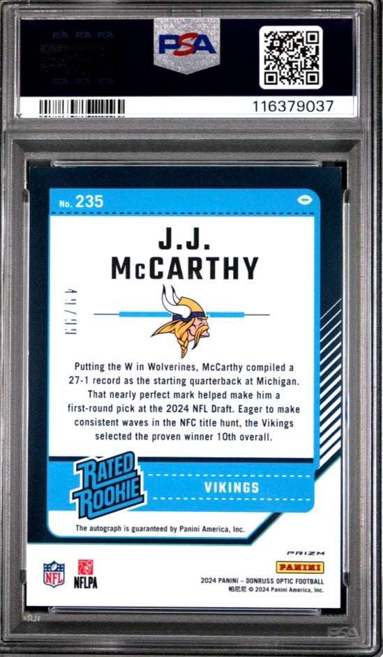 2024 Donruss Optic Rated Rookie Autograph Blue /99 J.J. McCarthy PSA 9